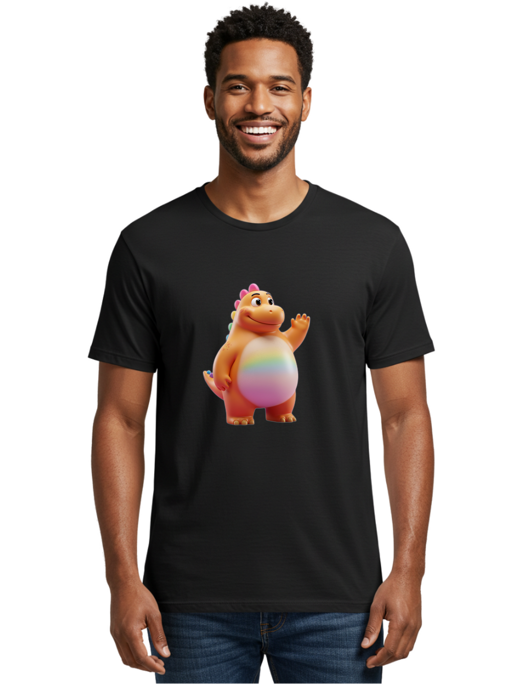 Cartoon-Dinosaur-3 Men'S Graphic Tee, 100% Cotton, Comfortable Casual Summer Wear, Machine Washable, Cartoon Dinosaur, Orange Dinosaur, Friendly Creature, Smiling Face, Waving Hand, Colorful Spines, Rainbow Belly, Animated Character, Bae390