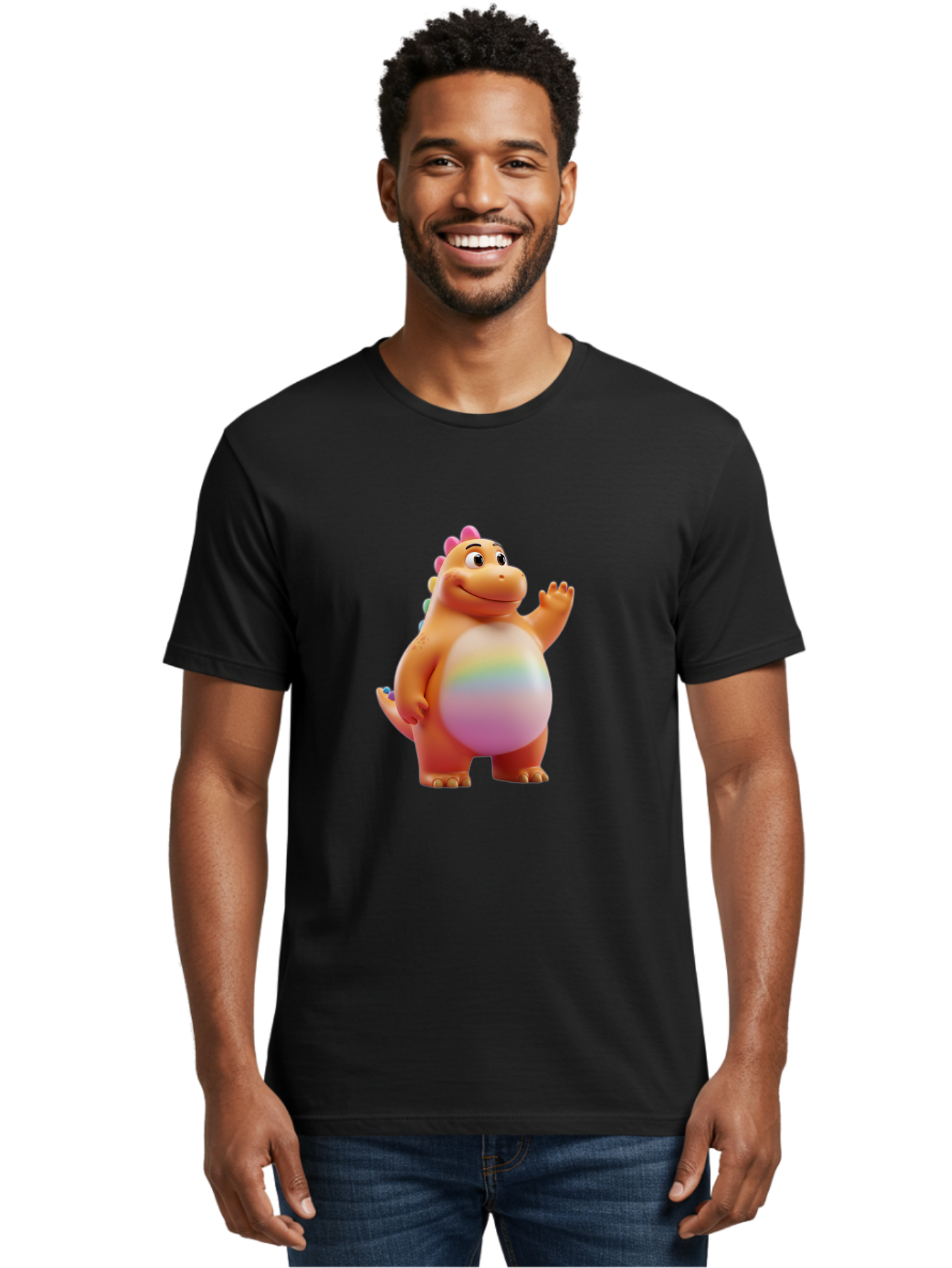 Cartoon-Dinosaur-3 Men'S Graphic Tee, 100% Cotton, Comfortable Casual Summer Wear, Machine Washable, Cartoon Dinosaur, Orange Dinosaur, Friendly Creature, Smiling Face, Waving Hand, Colorful Spines, Rainbow Belly, Animated Character, Bae390