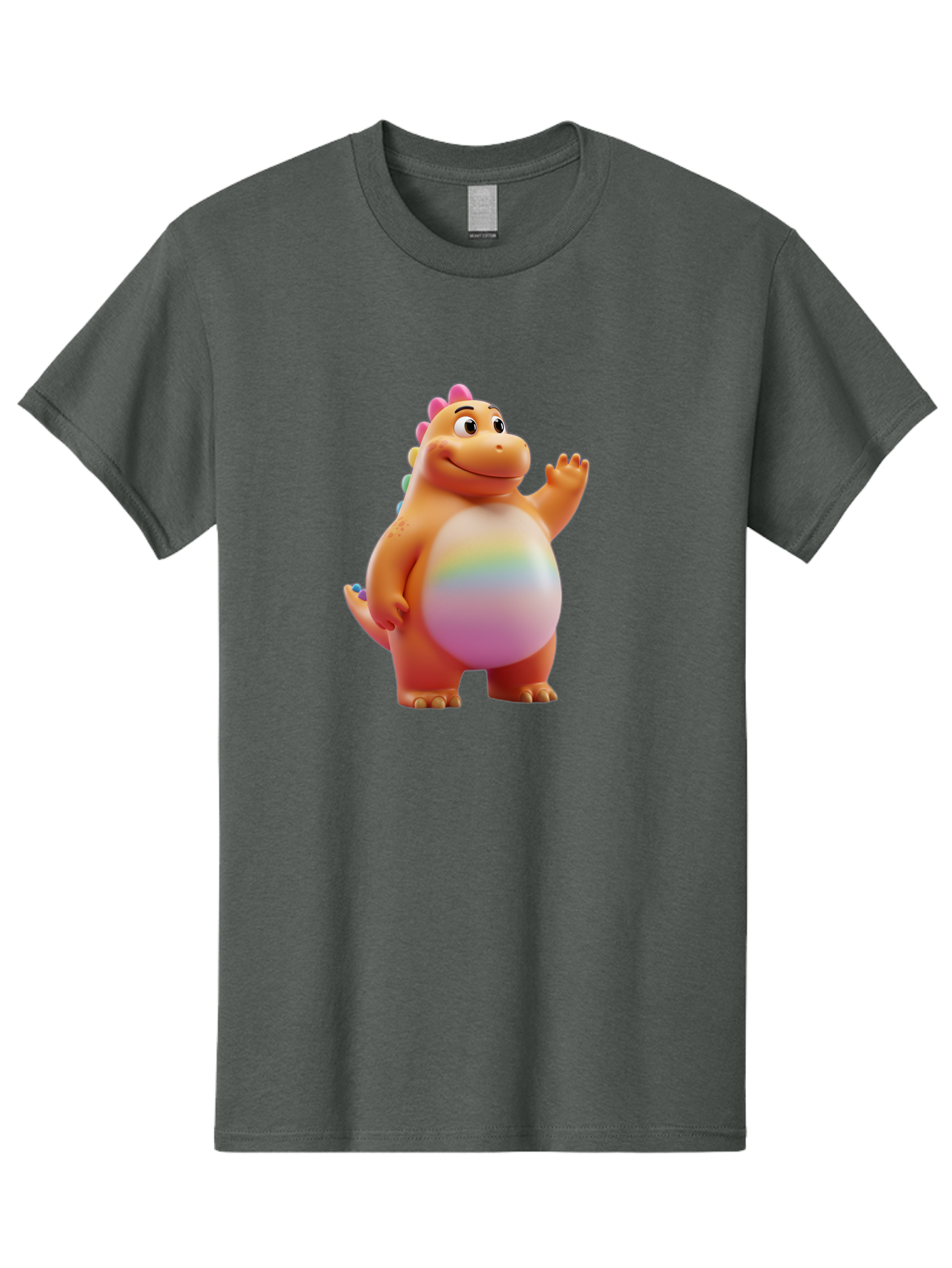 Cartoon-Dinosaur-3 Men'S Graphic Tee, 100% Cotton, Comfortable Casual Summer Wear, Machine Washable, Cartoon Dinosaur, Orange Dinosaur, Friendly Creature, Smiling Face, Waving Hand, Colorful Spines, Rainbow Belly, Animated Character, Bae390