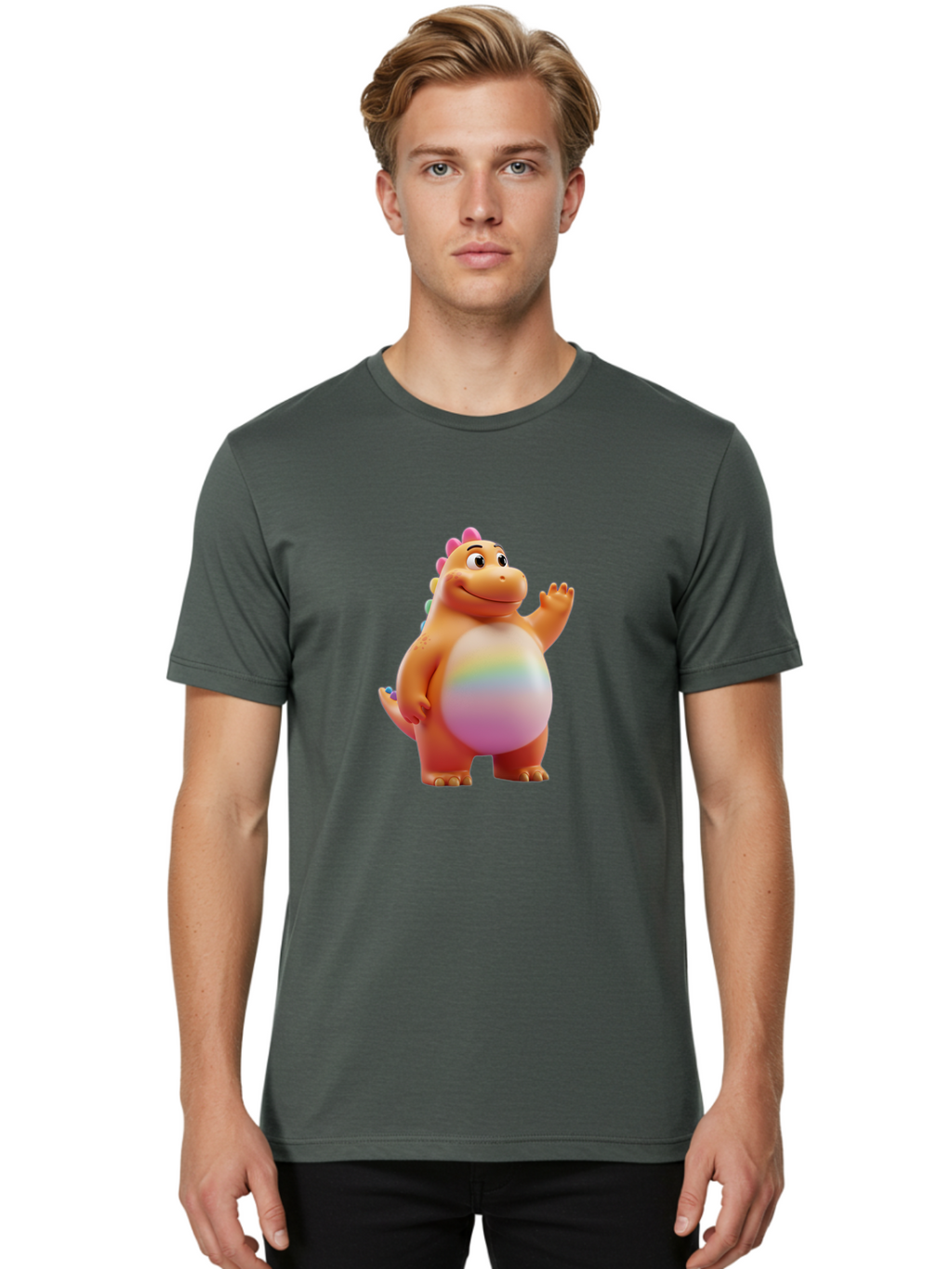 Cartoon-Dinosaur-3 Men'S Graphic Tee, 100% Cotton, Comfortable Casual Summer Wear, Machine Washable, Cartoon Dinosaur, Orange Dinosaur, Friendly Creature, Smiling Face, Waving Hand, Colorful Spines, Rainbow Belly, Animated Character, Bae390