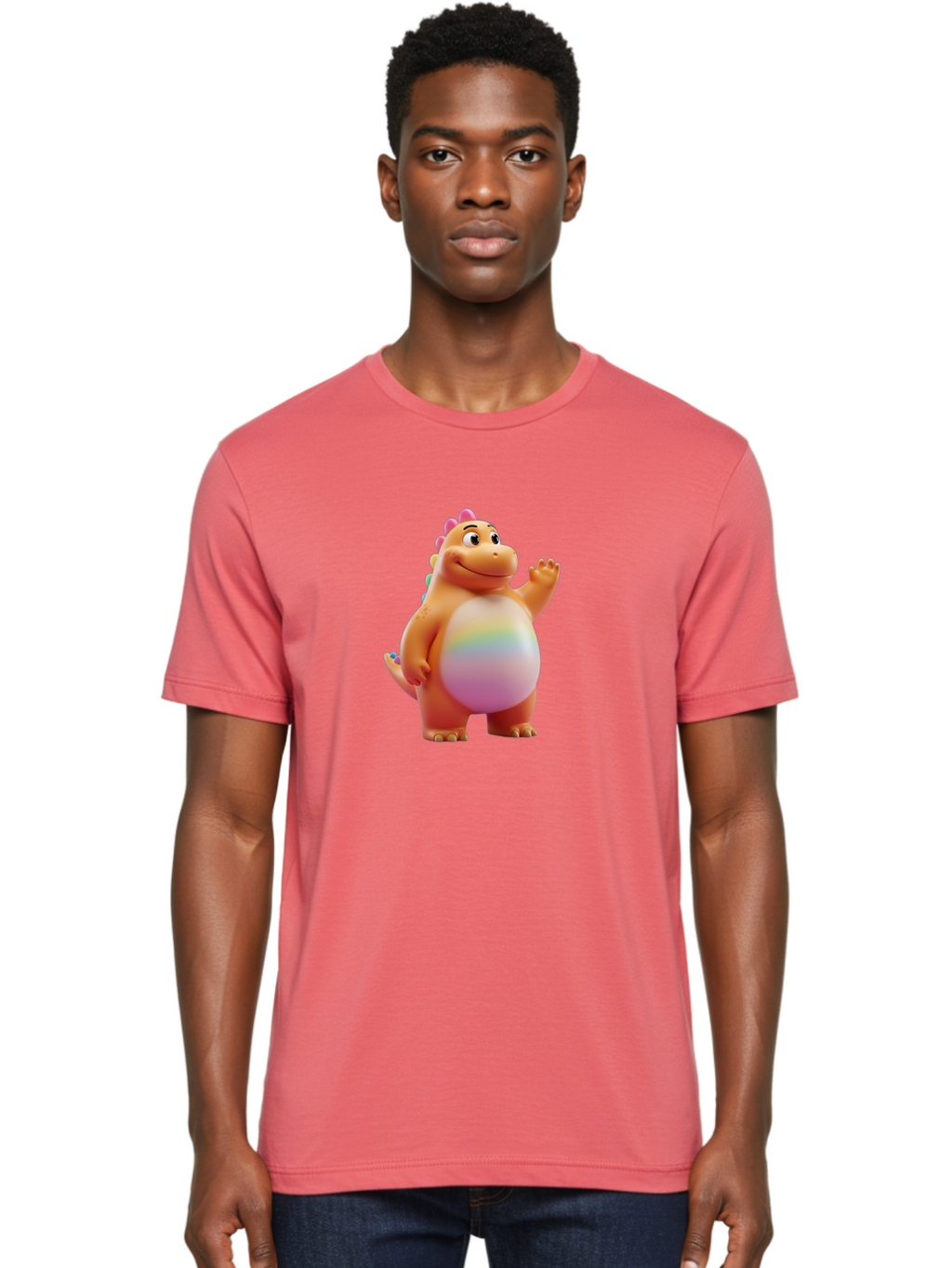 Cartoon-Dinosaur-3 Men'S Graphic Tee, 100% Cotton, Comfortable Casual Summer Wear, Machine Washable, Cartoon Dinosaur, Orange Dinosaur, Friendly Creature, Smiling Face, Waving Hand, Colorful Spines, Rainbow Belly, Animated Character, Bae390