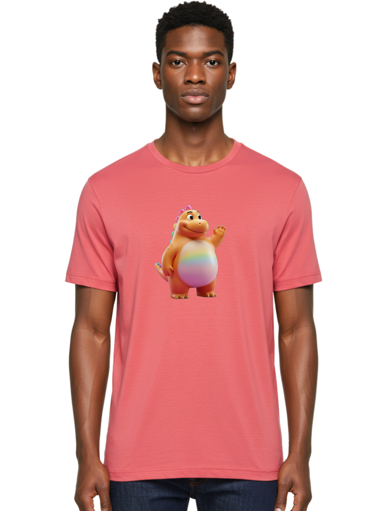 Cartoon-Dinosaur-3 Men'S Graphic Tee, 100% Cotton, Comfortable Casual Summer Wear, Machine Washable, Cartoon Dinosaur, Orange Dinosaur, Friendly Creature, Smiling Face, Waving Hand, Colorful Spines, Rainbow Belly, Animated Character, Bae390