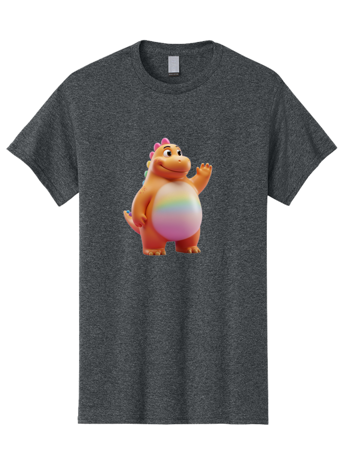Cartoon-Dinosaur-3 Men'S Graphic Tee, 100% Cotton, Comfortable Casual Summer Wear, Machine Washable, Cartoon Dinosaur, Orange Dinosaur, Friendly Creature, Smiling Face, Waving Hand, Colorful Spines, Rainbow Belly, Animated Character, Bae390