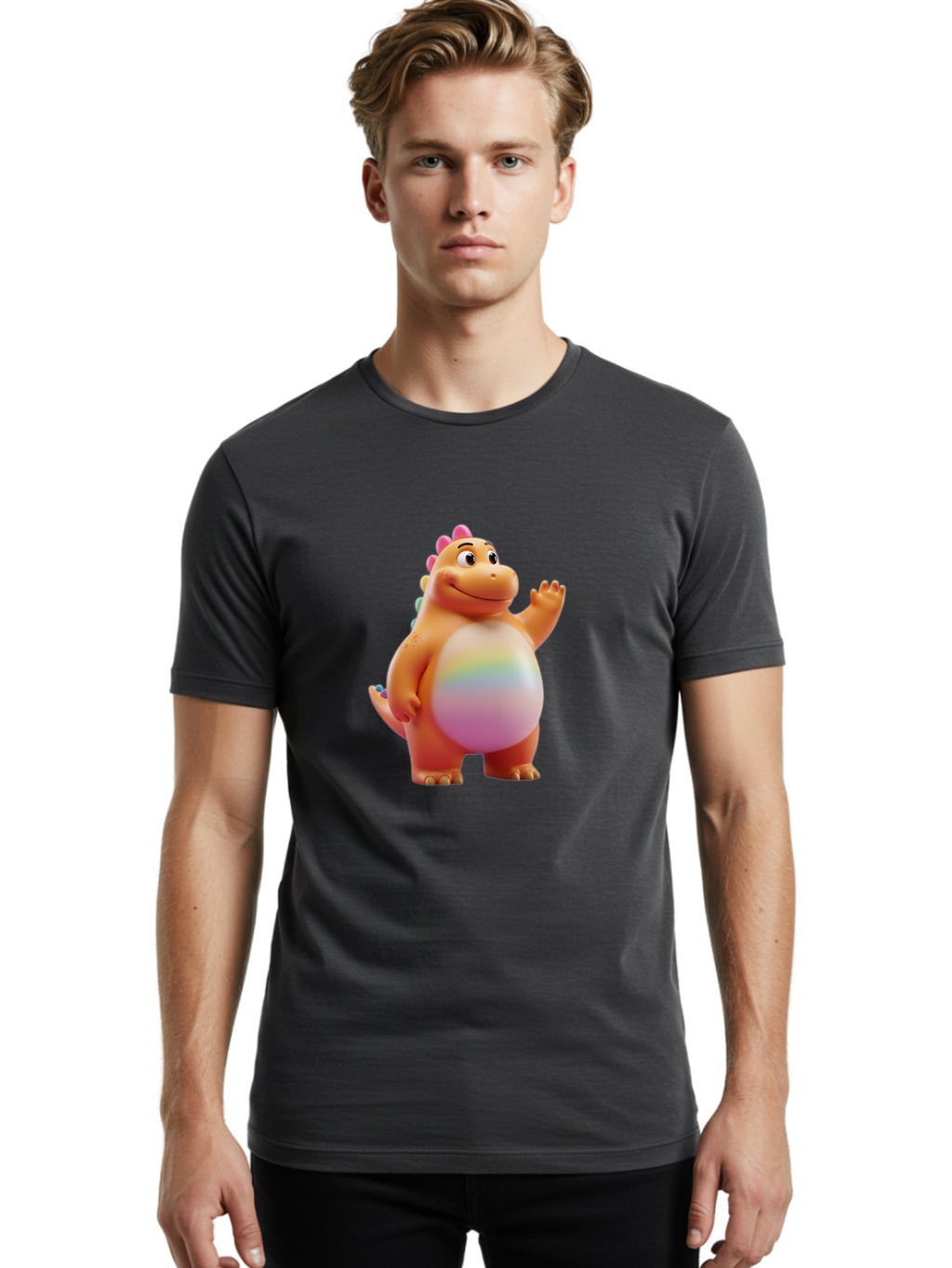 Cartoon-Dinosaur-3 Men'S Graphic Tee, 100% Cotton, Comfortable Casual Summer Wear, Machine Washable, Cartoon Dinosaur, Orange Dinosaur, Friendly Creature, Smiling Face, Waving Hand, Colorful Spines, Rainbow Belly, Animated Character, Bae390