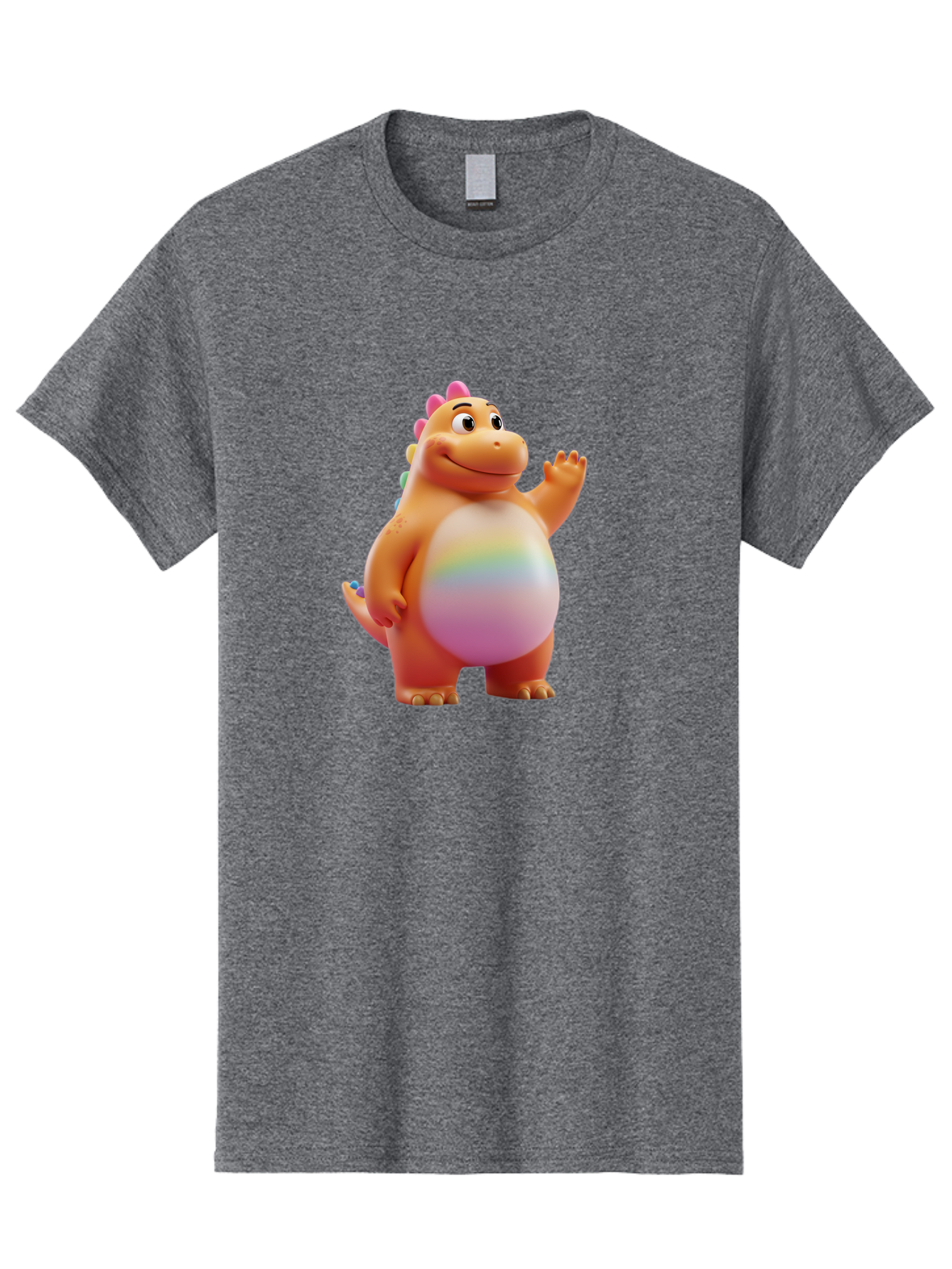 Cartoon-Dinosaur-3 Men'S Graphic Tee, 100% Cotton, Comfortable Casual Summer Wear, Machine Washable, Cartoon Dinosaur, Orange Dinosaur, Friendly Creature, Smiling Face, Waving Hand, Colorful Spines, Rainbow Belly, Animated Character, Bae390