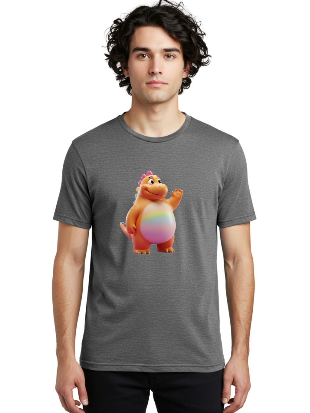 Cartoon-Dinosaur-3 Men'S Graphic Tee, 100% Cotton, Comfortable Casual Summer Wear, Machine Washable, Cartoon Dinosaur, Orange Dinosaur, Friendly Creature, Smiling Face, Waving Hand, Colorful Spines, Rainbow Belly, Animated Character, Bae390