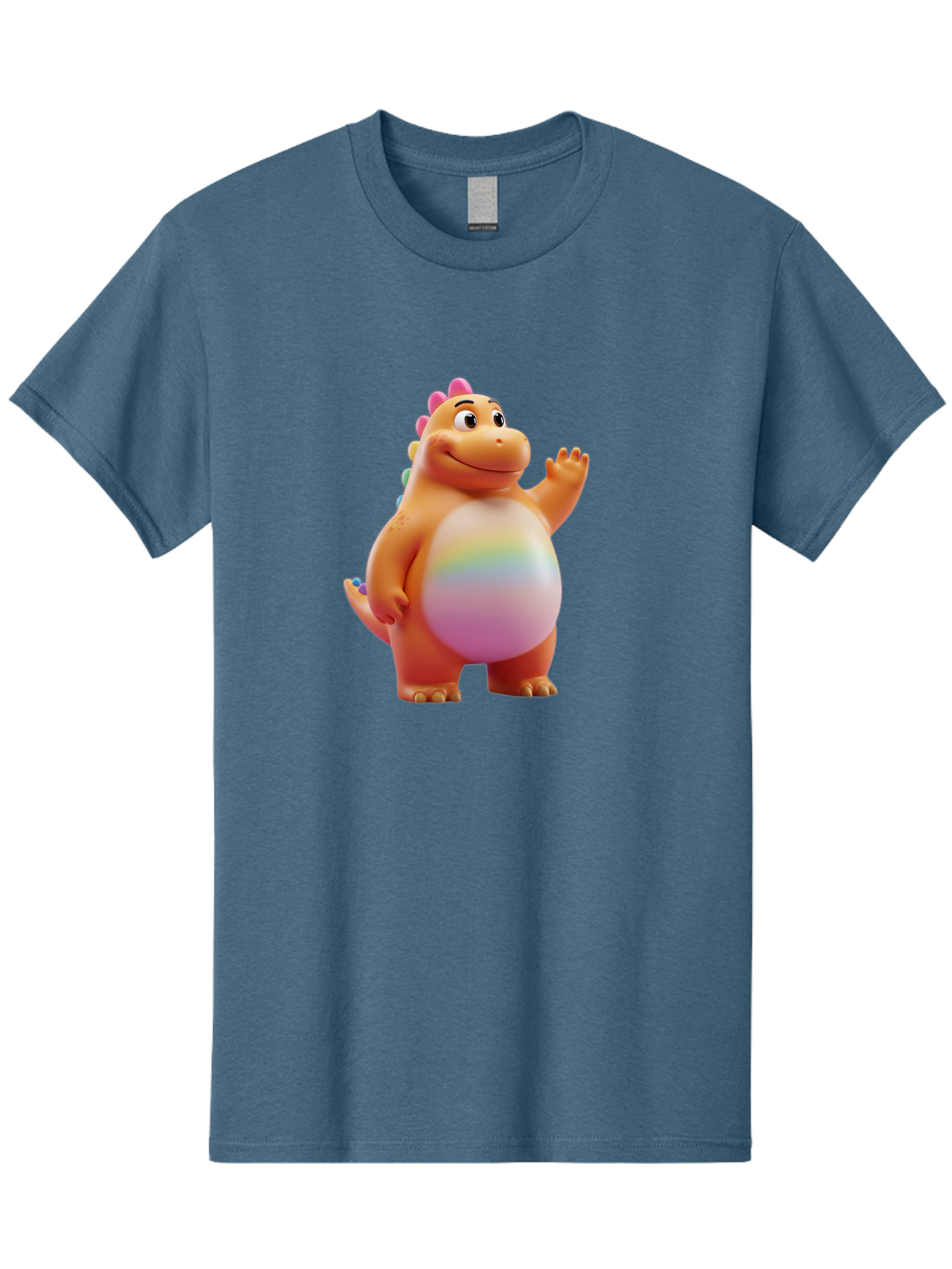 Cartoon-Dinosaur-3 Men'S Graphic Tee, 100% Cotton, Comfortable Casual Summer Wear, Machine Washable, Cartoon Dinosaur, Orange Dinosaur, Friendly Creature, Smiling Face, Waving Hand, Colorful Spines, Rainbow Belly, Animated Character, Bae390