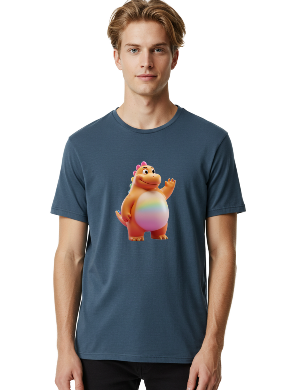 Cartoon-Dinosaur-3 Men'S Graphic Tee, 100% Cotton, Comfortable Casual Summer Wear, Machine Washable, Cartoon Dinosaur, Orange Dinosaur, Friendly Creature, Smiling Face, Waving Hand, Colorful Spines, Rainbow Belly, Animated Character, Bae390