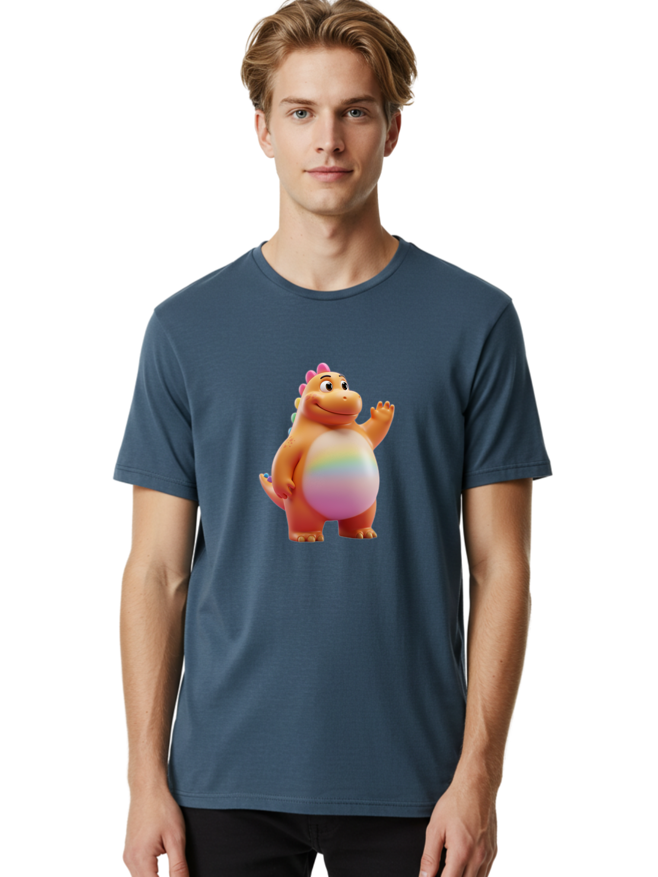 Cartoon-Dinosaur-3 Men'S Graphic Tee, 100% Cotton, Comfortable Casual Summer Wear, Machine Washable, Cartoon Dinosaur, Orange Dinosaur, Friendly Creature, Smiling Face, Waving Hand, Colorful Spines, Rainbow Belly, Animated Character, Bae390