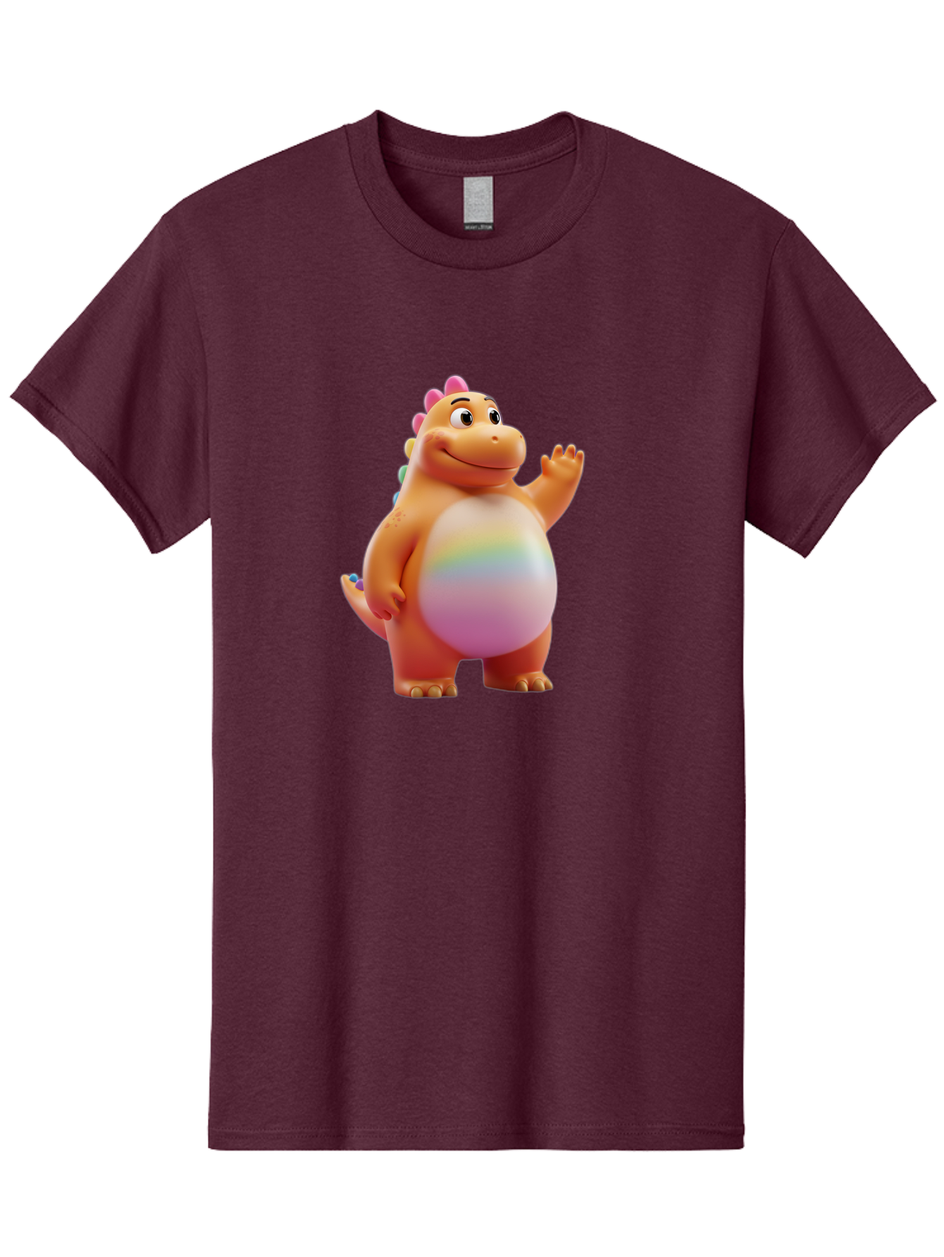 Cartoon-Dinosaur-3 Men'S Graphic Tee, 100% Cotton, Comfortable Casual Summer Wear, Machine Washable, Cartoon Dinosaur, Orange Dinosaur, Friendly Creature, Smiling Face, Waving Hand, Colorful Spines, Rainbow Belly, Animated Character, Bae390