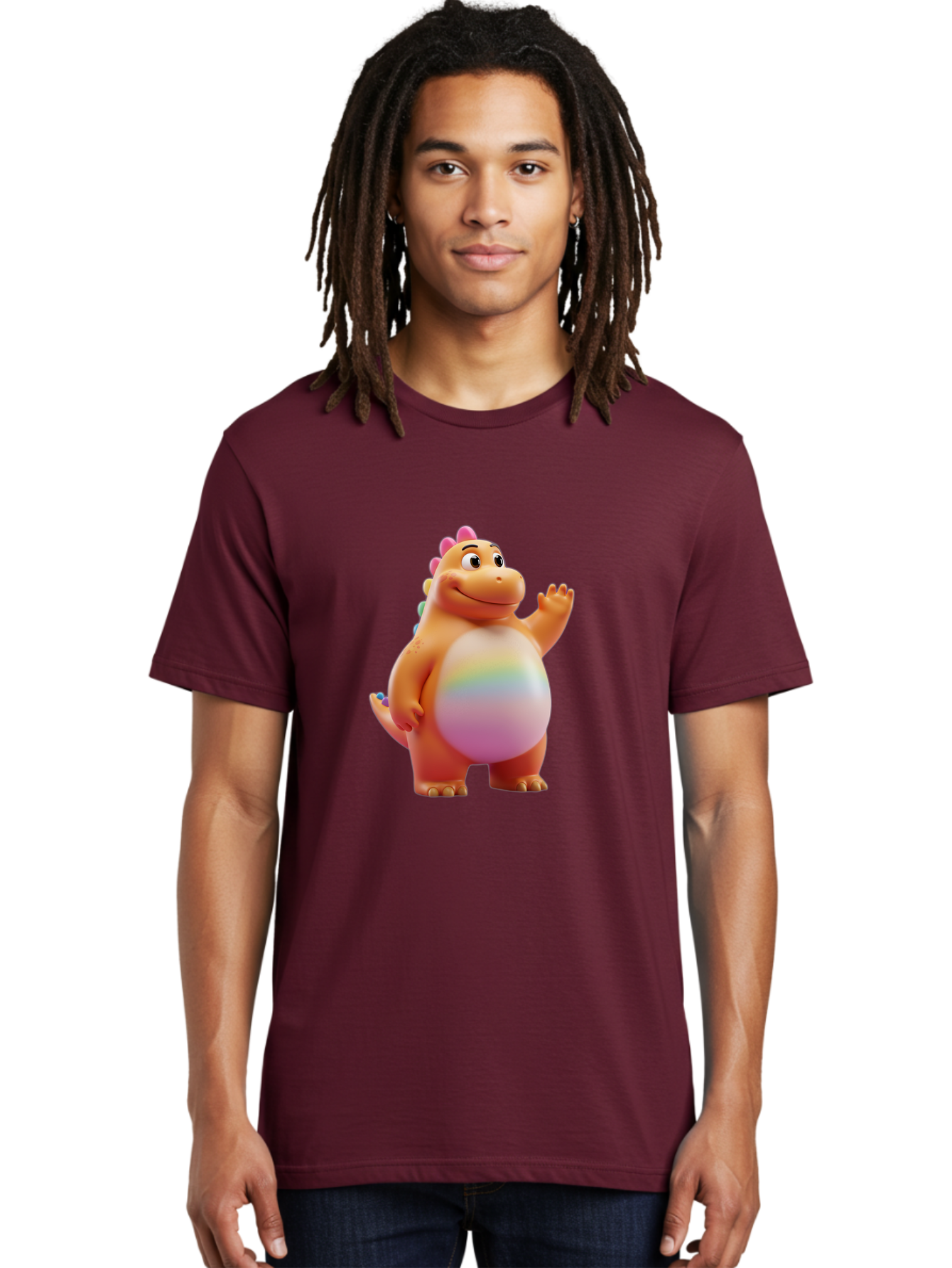 Cartoon-Dinosaur-3 Men'S Graphic Tee, 100% Cotton, Comfortable Casual Summer Wear, Machine Washable, Cartoon Dinosaur, Orange Dinosaur, Friendly Creature, Smiling Face, Waving Hand, Colorful Spines, Rainbow Belly, Animated Character, Bae390