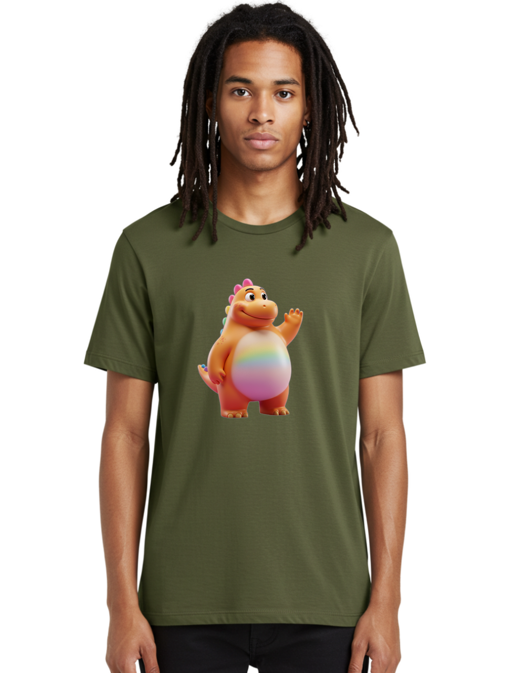 Cartoon-Dinosaur-3 Men'S Graphic Tee, 100% Cotton, Comfortable Casual Summer Wear, Machine Washable, Cartoon Dinosaur, Orange Dinosaur, Friendly Creature, Smiling Face, Waving Hand, Colorful Spines, Rainbow Belly, Animated Character, Bae390