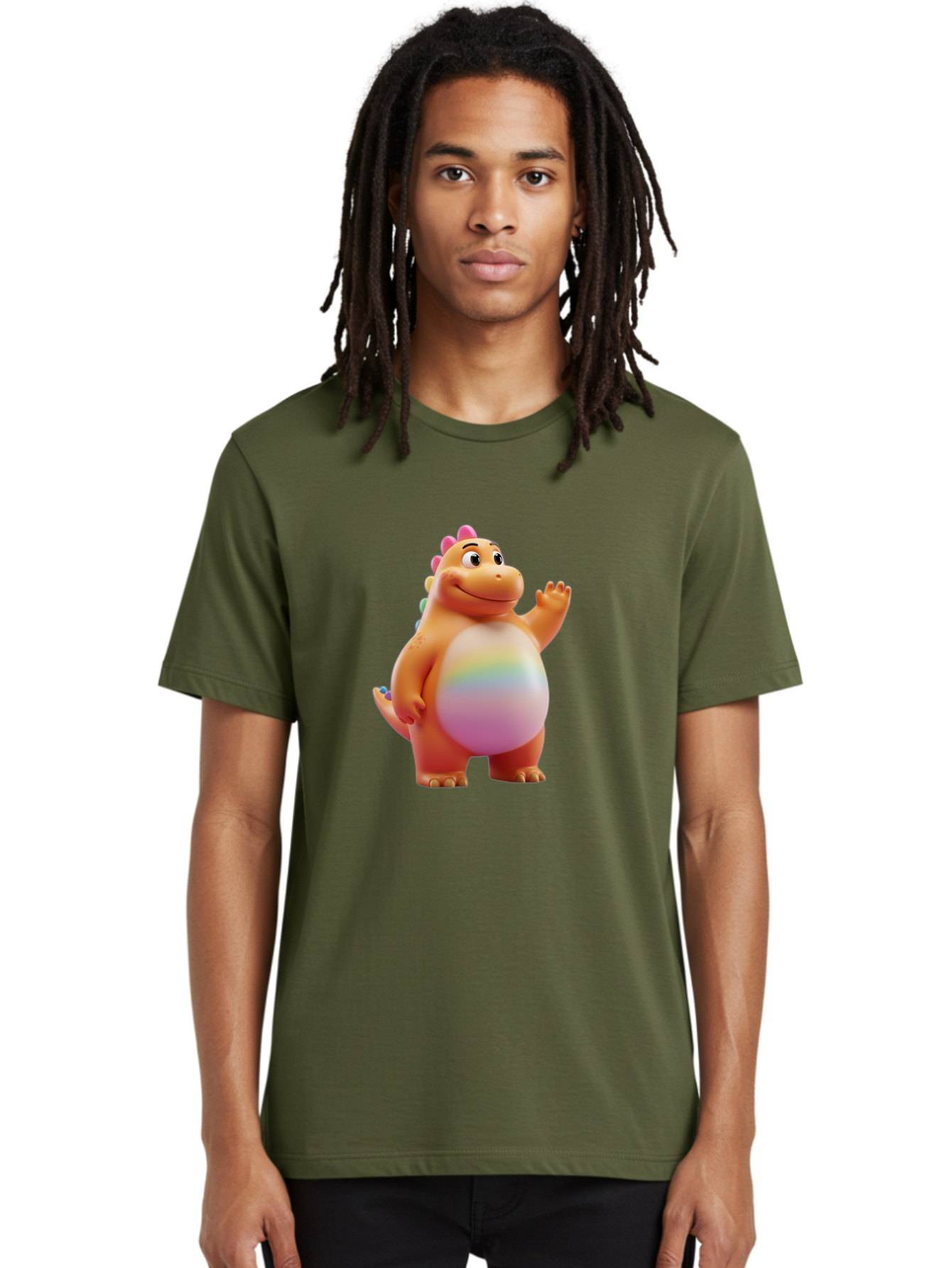 Cartoon-Dinosaur-3 Men'S Graphic Tee, 100% Cotton, Comfortable Casual Summer Wear, Machine Washable, Cartoon Dinosaur, Orange Dinosaur, Friendly Creature, Smiling Face, Waving Hand, Colorful Spines, Rainbow Belly, Animated Character, Bae390