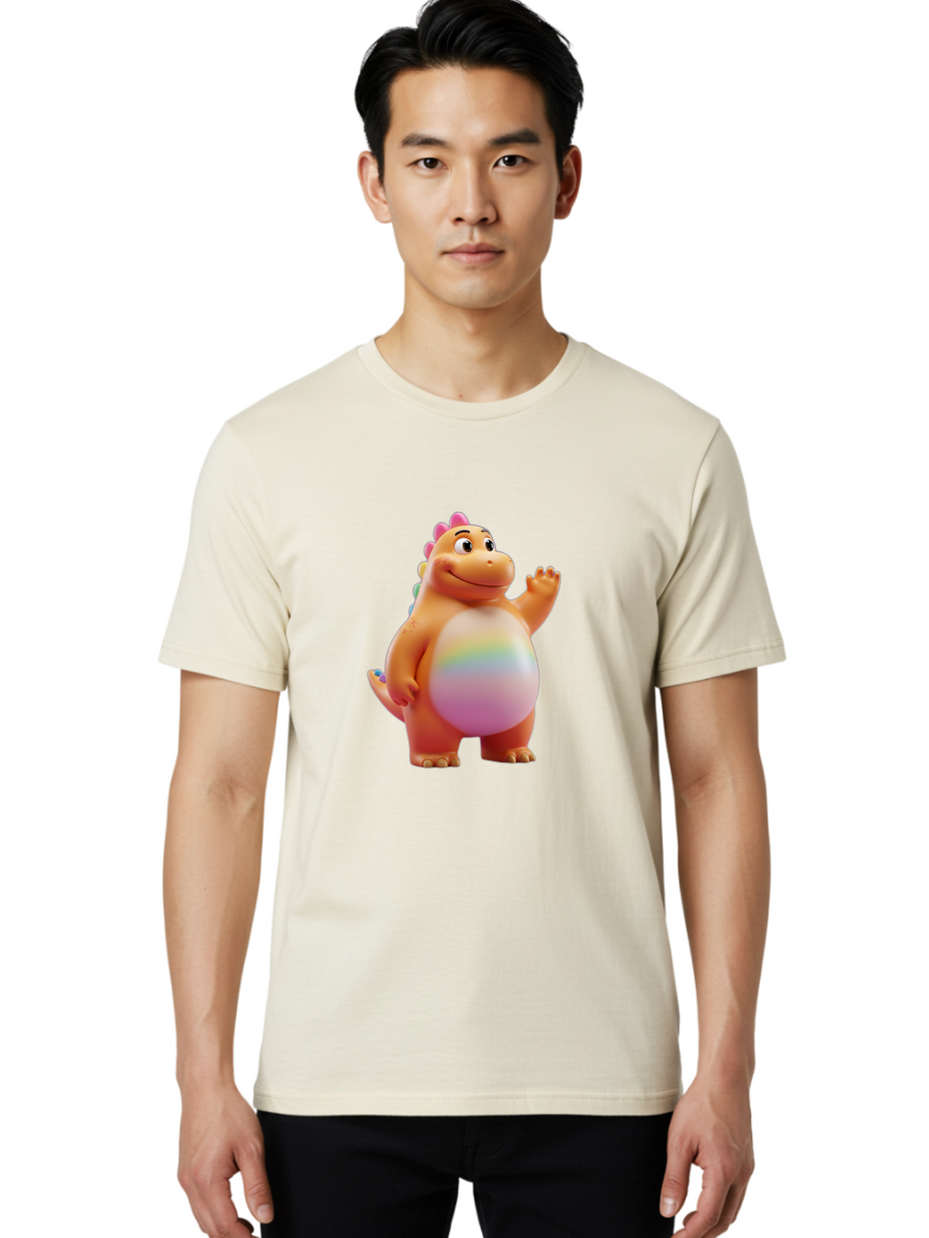 Cartoon-Dinosaur-3 Men'S Graphic Tee, 100% Cotton, Comfortable Casual Summer Wear, Machine Washable, Cartoon Dinosaur, Orange Dinosaur, Friendly Creature, Smiling Face, Waving Hand, Colorful Spines, Rainbow Belly, Animated Character, Bae390