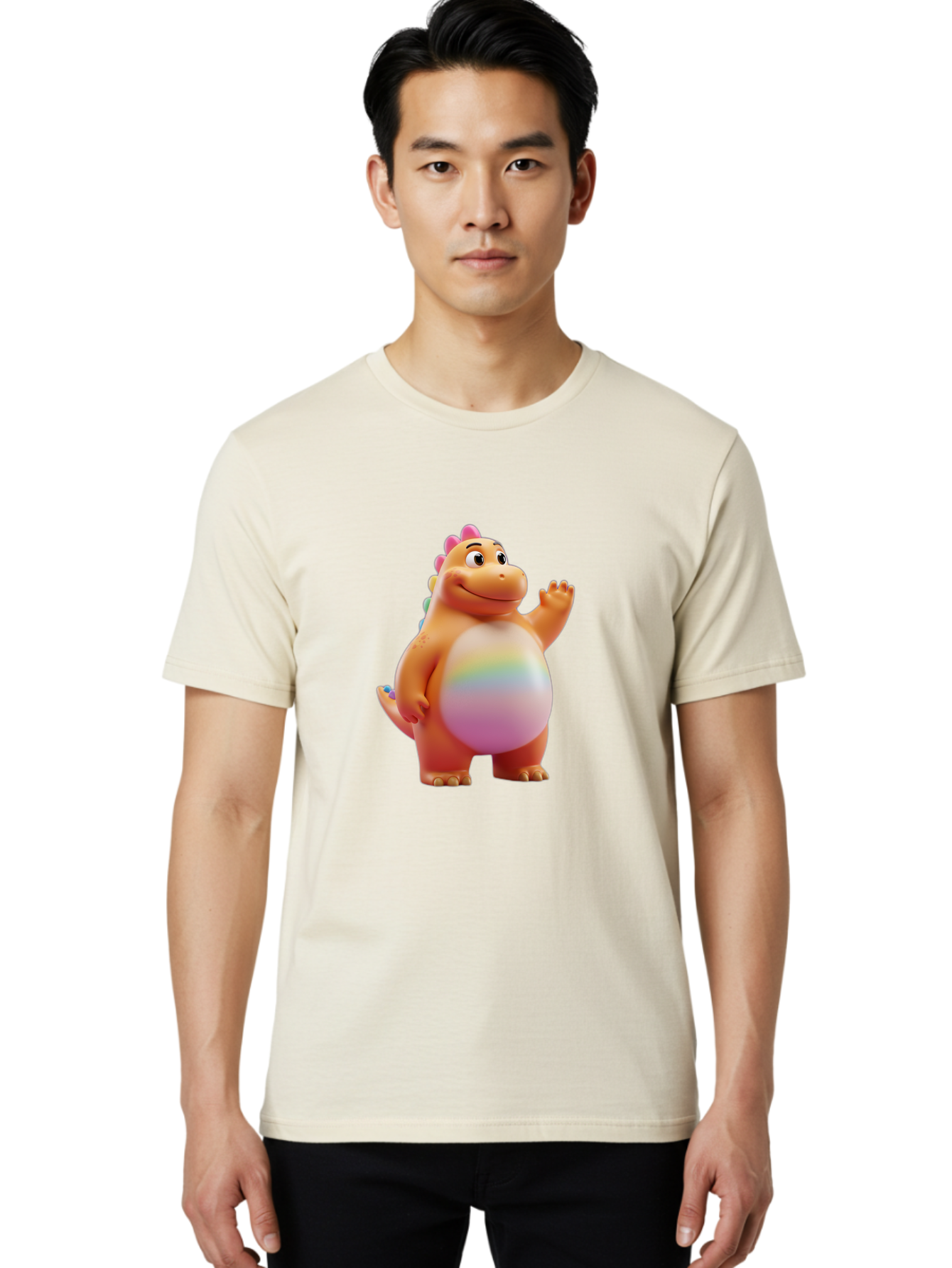 Cartoon-Dinosaur-3 Men'S Graphic Tee, 100% Cotton, Comfortable Casual Summer Wear, Machine Washable, Cartoon Dinosaur, Orange Dinosaur, Friendly Creature, Smiling Face, Waving Hand, Colorful Spines, Rainbow Belly, Animated Character, Bae390