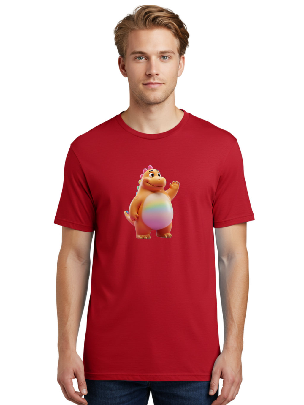Cartoon-Dinosaur-3 Men'S Graphic Tee, 100% Cotton, Comfortable Casual Summer Wear, Machine Washable, Cartoon Dinosaur, Orange Dinosaur, Friendly Creature, Smiling Face, Waving Hand, Colorful Spines, Rainbow Belly, Animated Character, Bae390