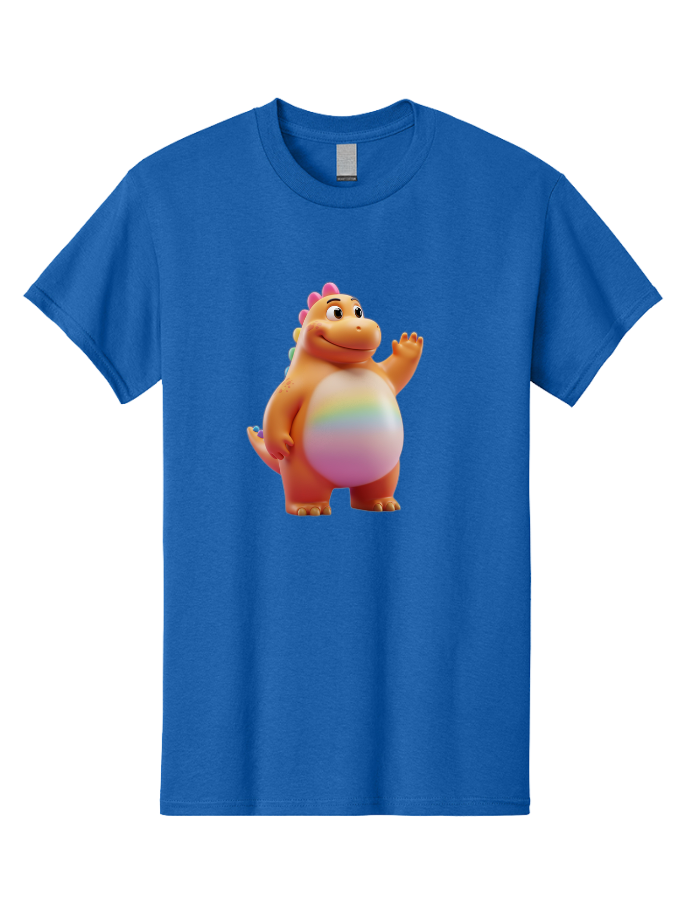 Cartoon-Dinosaur-3 Men'S Graphic Tee, 100% Cotton, Comfortable Casual Summer Wear, Machine Washable, Cartoon Dinosaur, Orange Dinosaur, Friendly Creature, Smiling Face, Waving Hand, Colorful Spines, Rainbow Belly, Animated Character, Bae390