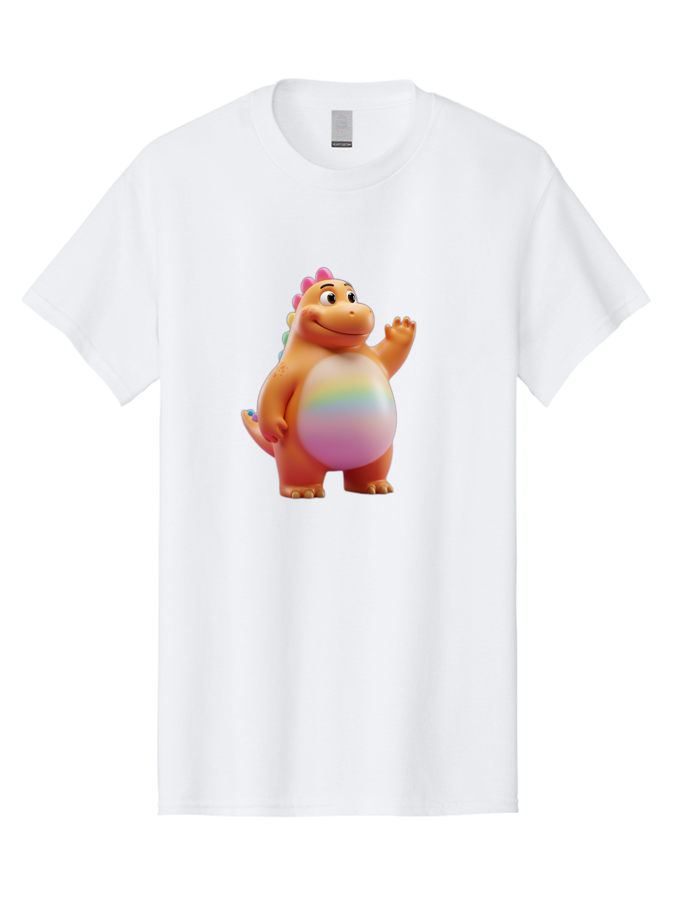 Cartoon-Dinosaur-3 Men'S Graphic Tee, 100% Cotton, Comfortable Casual Summer Wear, Machine Washable, Cartoon Dinosaur, Orange Dinosaur, Friendly Creature, Smiling Face, Waving Hand, Colorful Spines, Rainbow Belly, Animated Character, Bae390