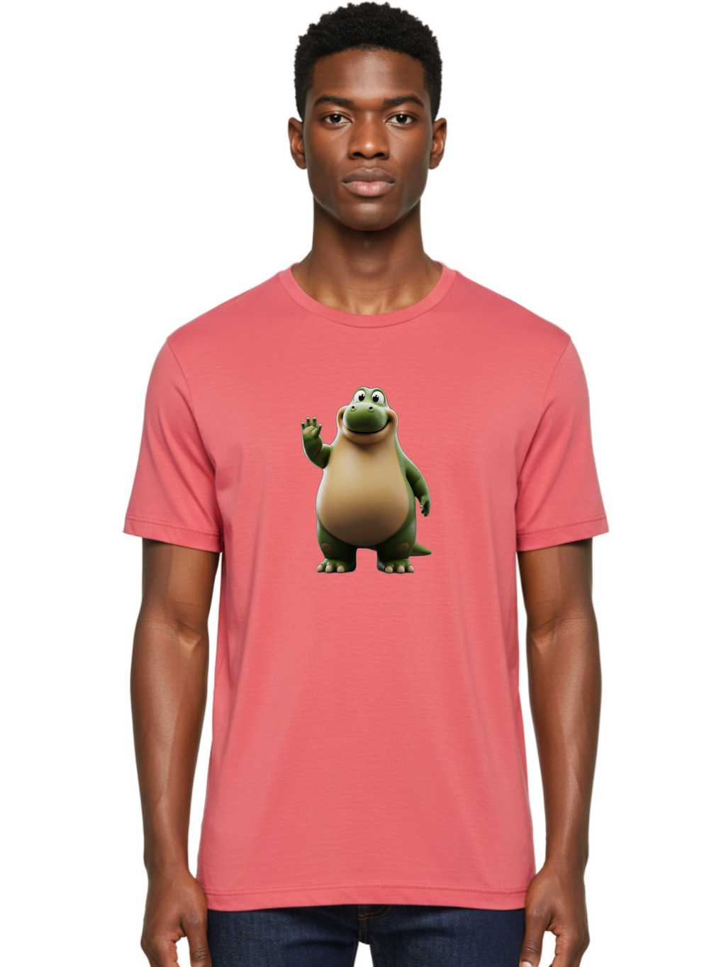 Cartoon-Dinosaur Men'S Graphic Tee, 100% Cotton, Comfortable Casual Summer Wear, Machine Washable, Cartoon Dinosaur, Friendly T-Rex, Green And Tan, Waving Hand, Smiling Face, Animated Character, Children'S Illustration, Prehistoric Creature, Bae391