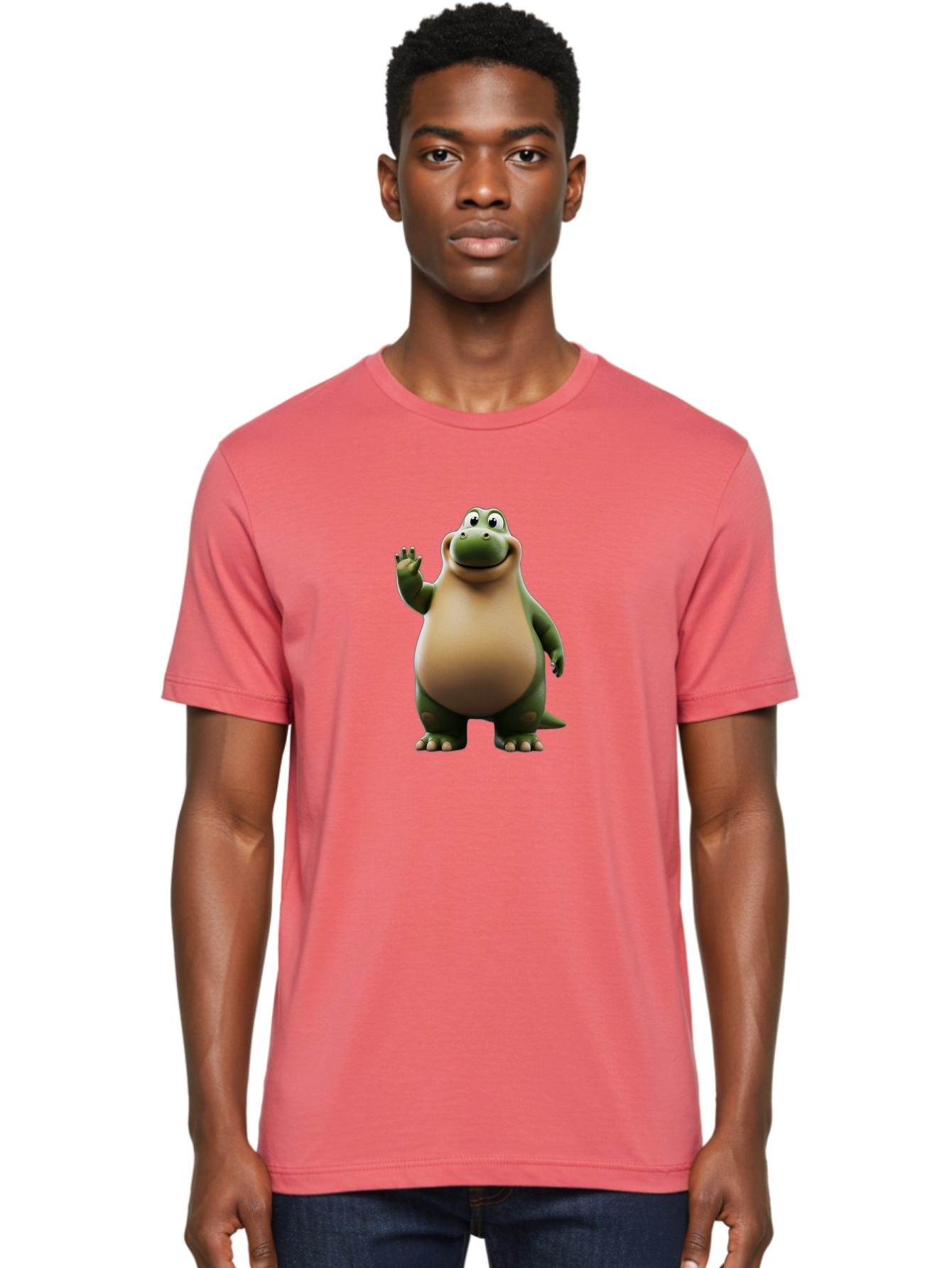 Cartoon-Dinosaur Men'S Graphic Tee, 100% Cotton, Comfortable Casual Summer Wear, Machine Washable, Cartoon Dinosaur, Friendly T-Rex, Green And Tan, Waving Hand, Smiling Face, Animated Character, Children'S Illustration, Prehistoric Creature, Bae391
