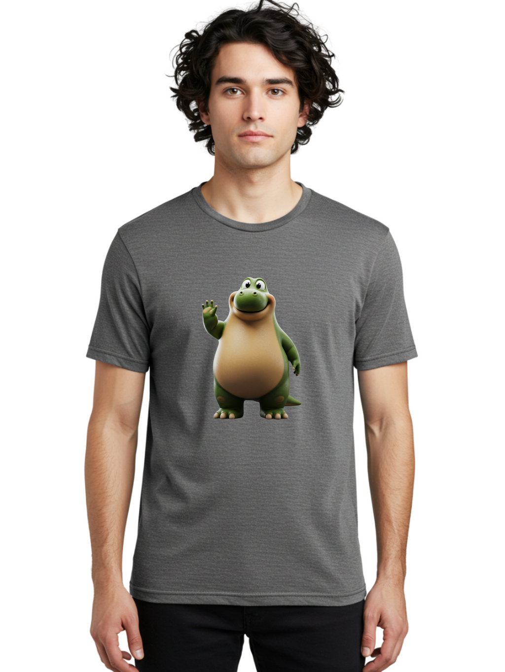 Cartoon-Dinosaur Men'S Graphic Tee, 100% Cotton, Comfortable Casual Summer Wear, Machine Washable, Cartoon Dinosaur, Friendly T-Rex, Green And Tan, Waving Hand, Smiling Face, Animated Character, Children'S Illustration, Prehistoric Creature, Bae391
