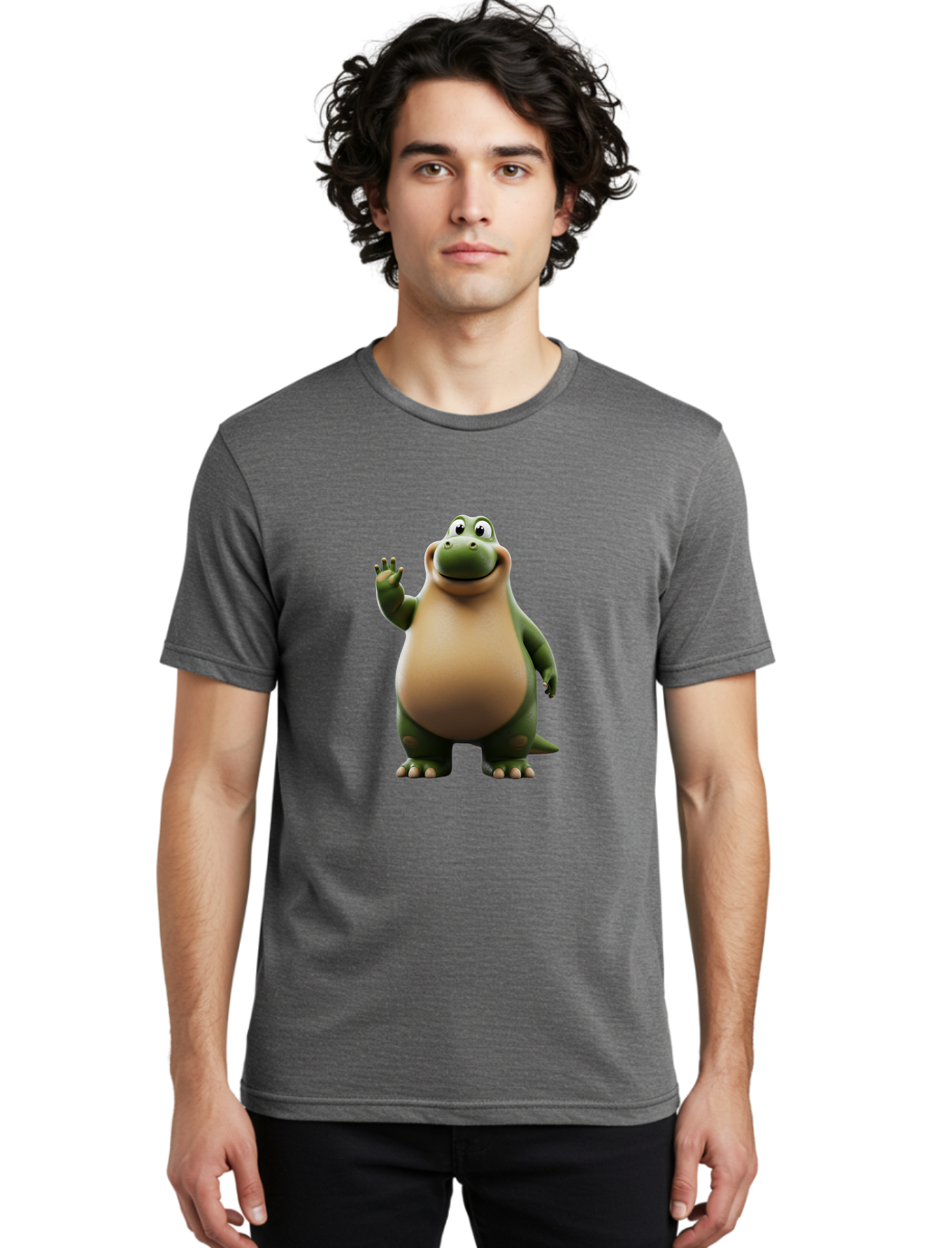 Cartoon-Dinosaur Men'S Graphic Tee, 100% Cotton, Comfortable Casual Summer Wear, Machine Washable, Cartoon Dinosaur, Friendly T-Rex, Green And Tan, Waving Hand, Smiling Face, Animated Character, Children'S Illustration, Prehistoric Creature, Bae391