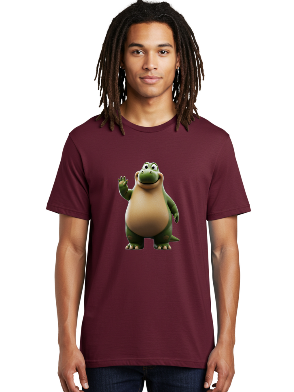 Cartoon-Dinosaur Men'S Graphic Tee, 100% Cotton, Comfortable Casual Summer Wear, Machine Washable, Cartoon Dinosaur, Friendly T-Rex, Green And Tan, Waving Hand, Smiling Face, Animated Character, Children'S Illustration, Prehistoric Creature, Bae391