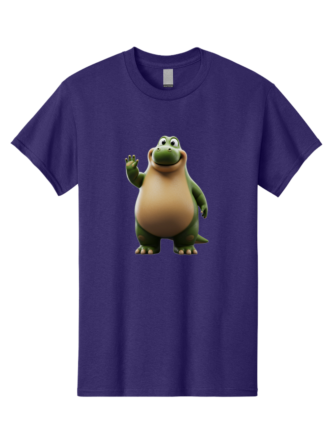 Cartoon-Dinosaur Men'S Graphic Tee, 100% Cotton, Comfortable Casual Summer Wear, Machine Washable, Cartoon Dinosaur, Friendly T-Rex, Green And Tan, Waving Hand, Smiling Face, Animated Character, Children'S Illustration, Prehistoric Creature, Bae391