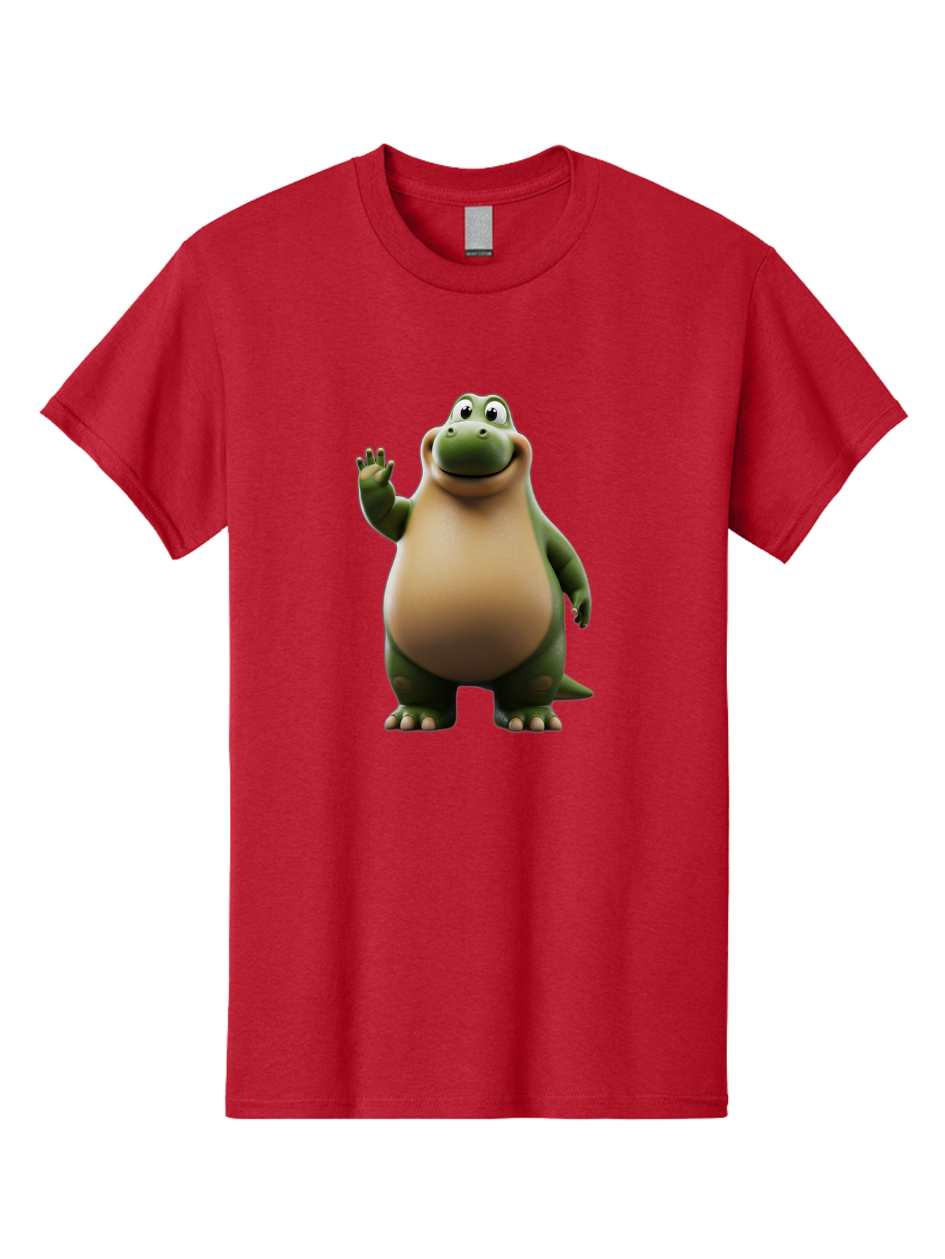 Cartoon-Dinosaur Men'S Graphic Tee, 100% Cotton, Comfortable Casual Summer Wear, Machine Washable, Cartoon Dinosaur, Friendly T-Rex, Green And Tan, Waving Hand, Smiling Face, Animated Character, Children'S Illustration, Prehistoric Creature, Bae391