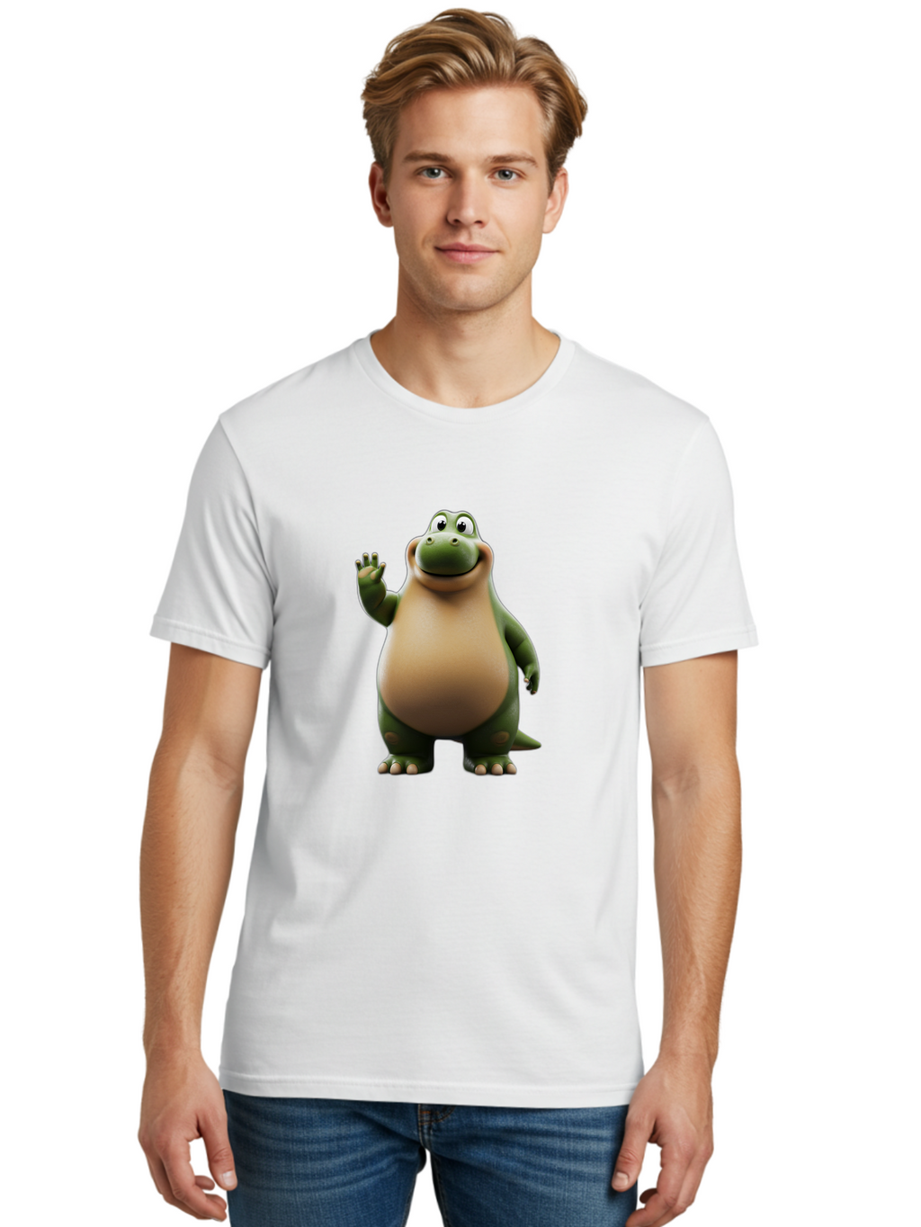Cartoon-Dinosaur Men'S Graphic Tee, 100% Cotton, Comfortable Casual Summer Wear, Machine Washable, Cartoon Dinosaur, Friendly T-Rex, Green And Tan, Waving Hand, Smiling Face, Animated Character, Children'S Illustration, Prehistoric Creature, Bae391