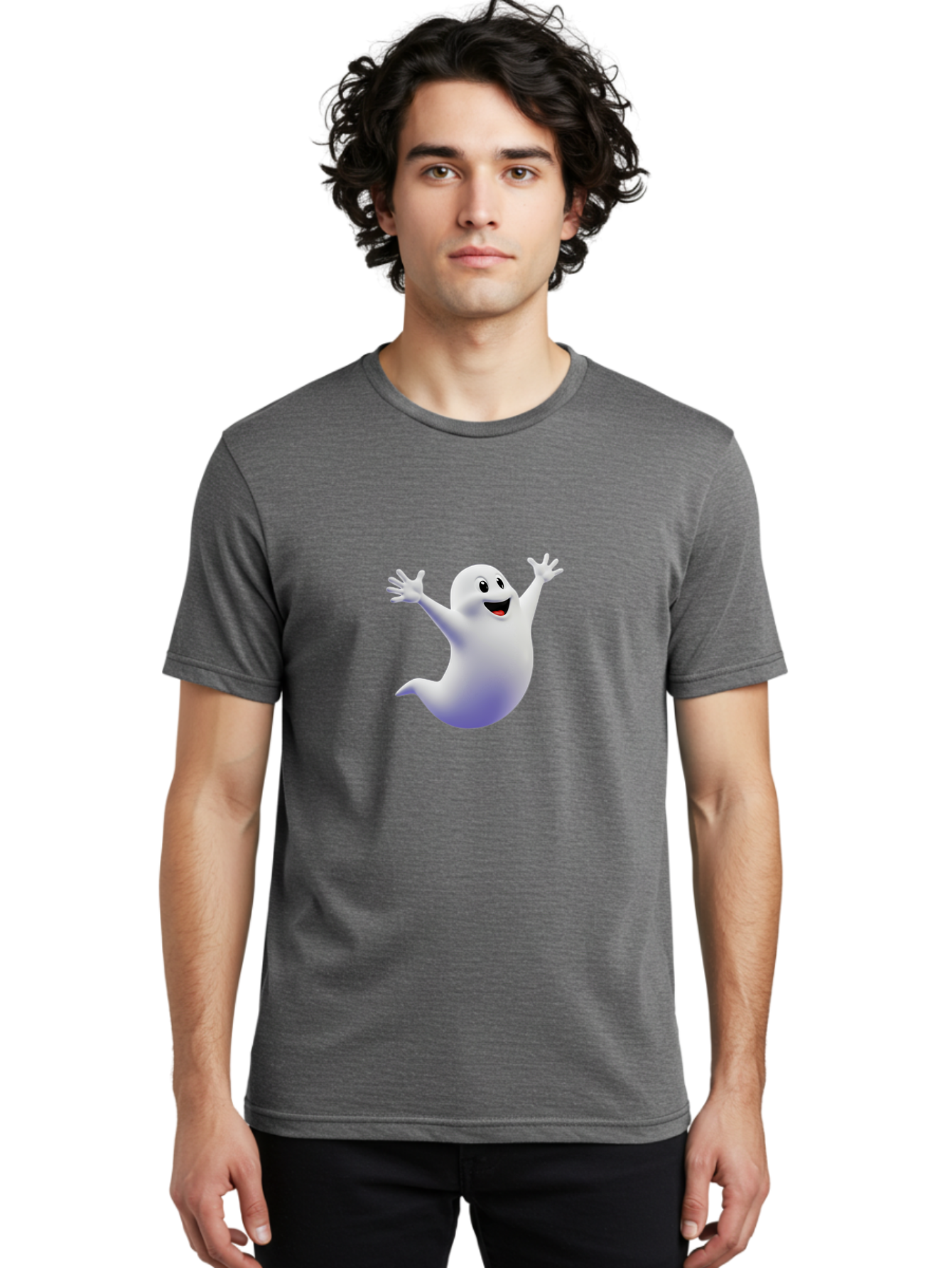 Cartoon-Ghost Men'S Graphic Tee, 100% Cotton, Comfortable Casual Summer Wear, Machine Washable, White Ghost, Cartoon Character, Friendly Spirit, Happy Expression, Halloween Theme, Digital Illustration, 3D Rendering, Playful Design Bae392