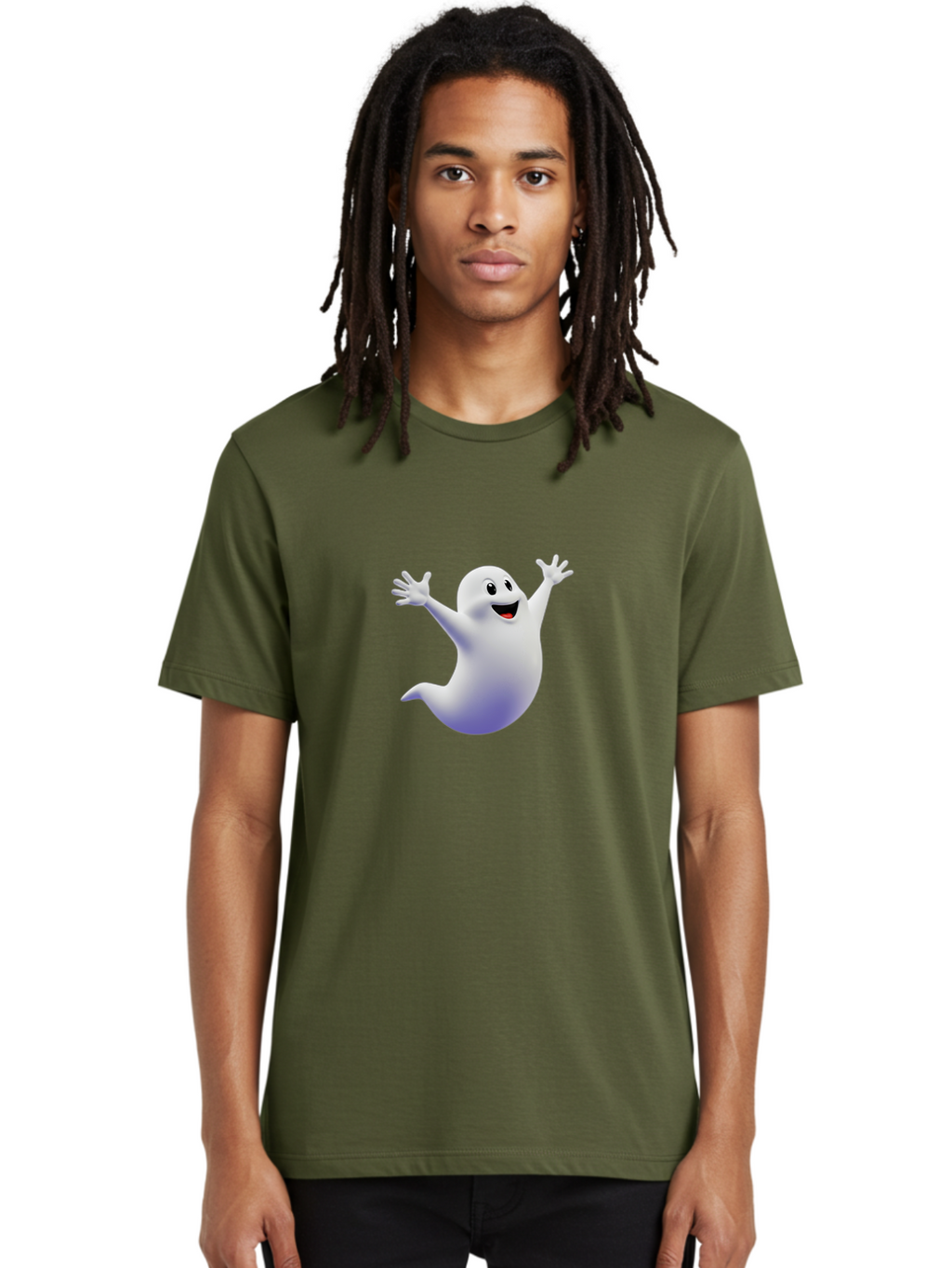 Cartoon-Ghost Men'S Graphic Tee, 100% Cotton, Comfortable Casual Summer Wear, Machine Washable, White Ghost, Cartoon Character, Friendly Spirit, Happy Expression, Halloween Theme, Digital Illustration, 3D Rendering, Playful Design Bae392