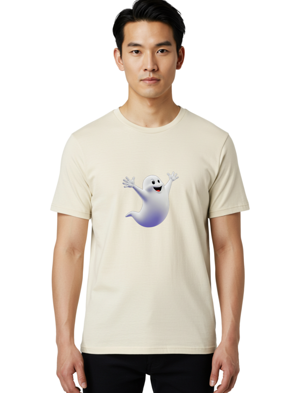 Cartoon-Ghost Men'S Graphic Tee, 100% Cotton, Comfortable Casual Summer Wear, Machine Washable, White Ghost, Cartoon Character, Friendly Spirit, Happy Expression, Halloween Theme, Digital Illustration, 3D Rendering, Playful Design Bae392