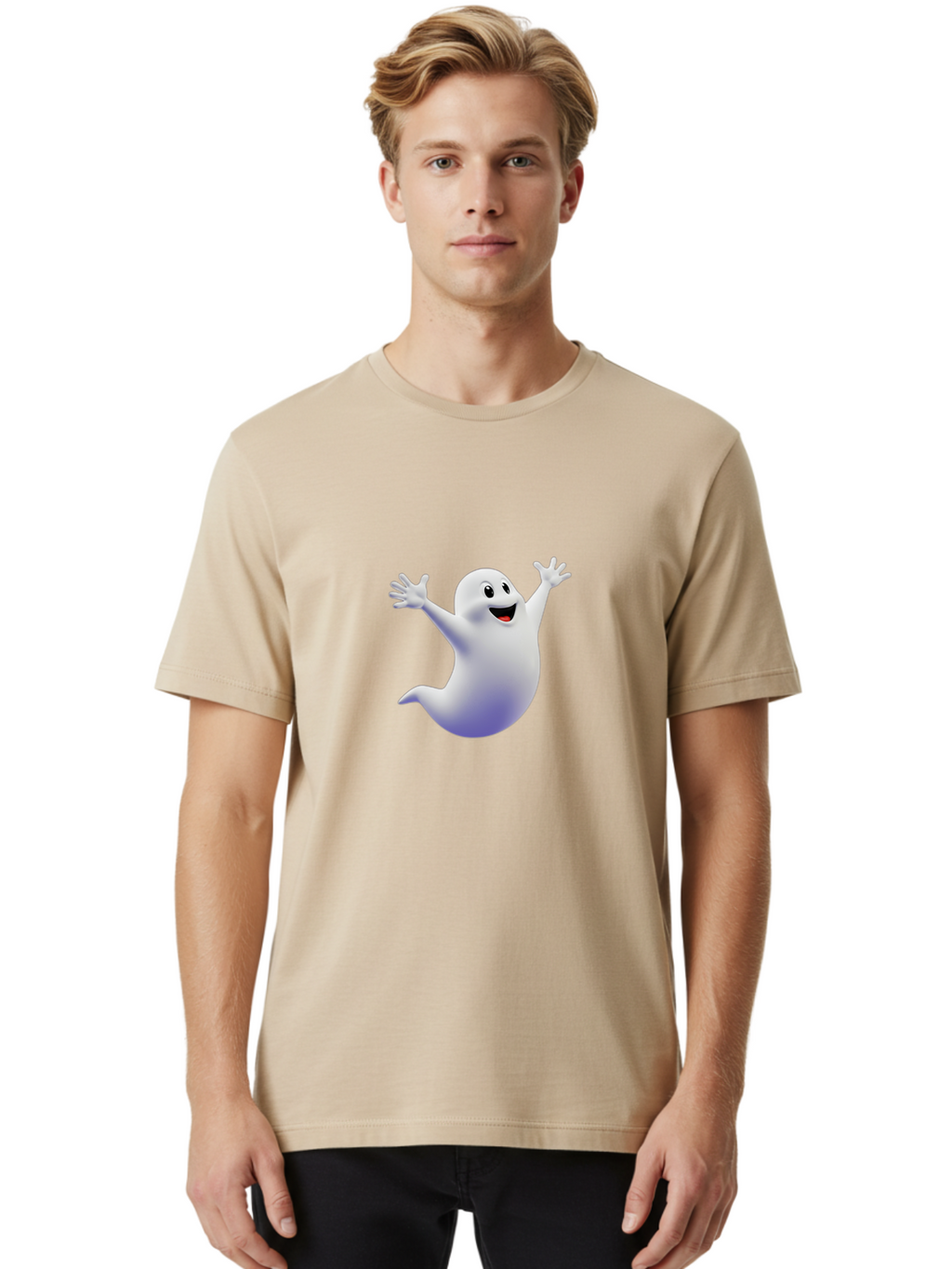 Cartoon-Ghost Men'S Graphic Tee, 100% Cotton, Comfortable Casual Summer Wear, Machine Washable, White Ghost, Cartoon Character, Friendly Spirit, Happy Expression, Halloween Theme, Digital Illustration, 3D Rendering, Playful Design Bae392