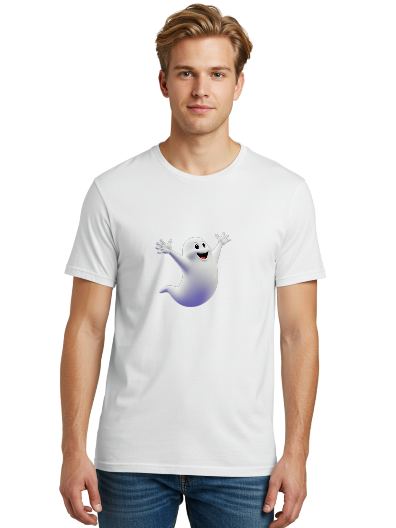 Cartoon-Ghost Men'S Graphic Tee, 100% Cotton, Comfortable Casual Summer Wear, Machine Washable, White Ghost, Cartoon Character, Friendly Spirit, Happy Expression, Halloween Theme, Digital Illustration, 3D Rendering, Playful Design Bae392