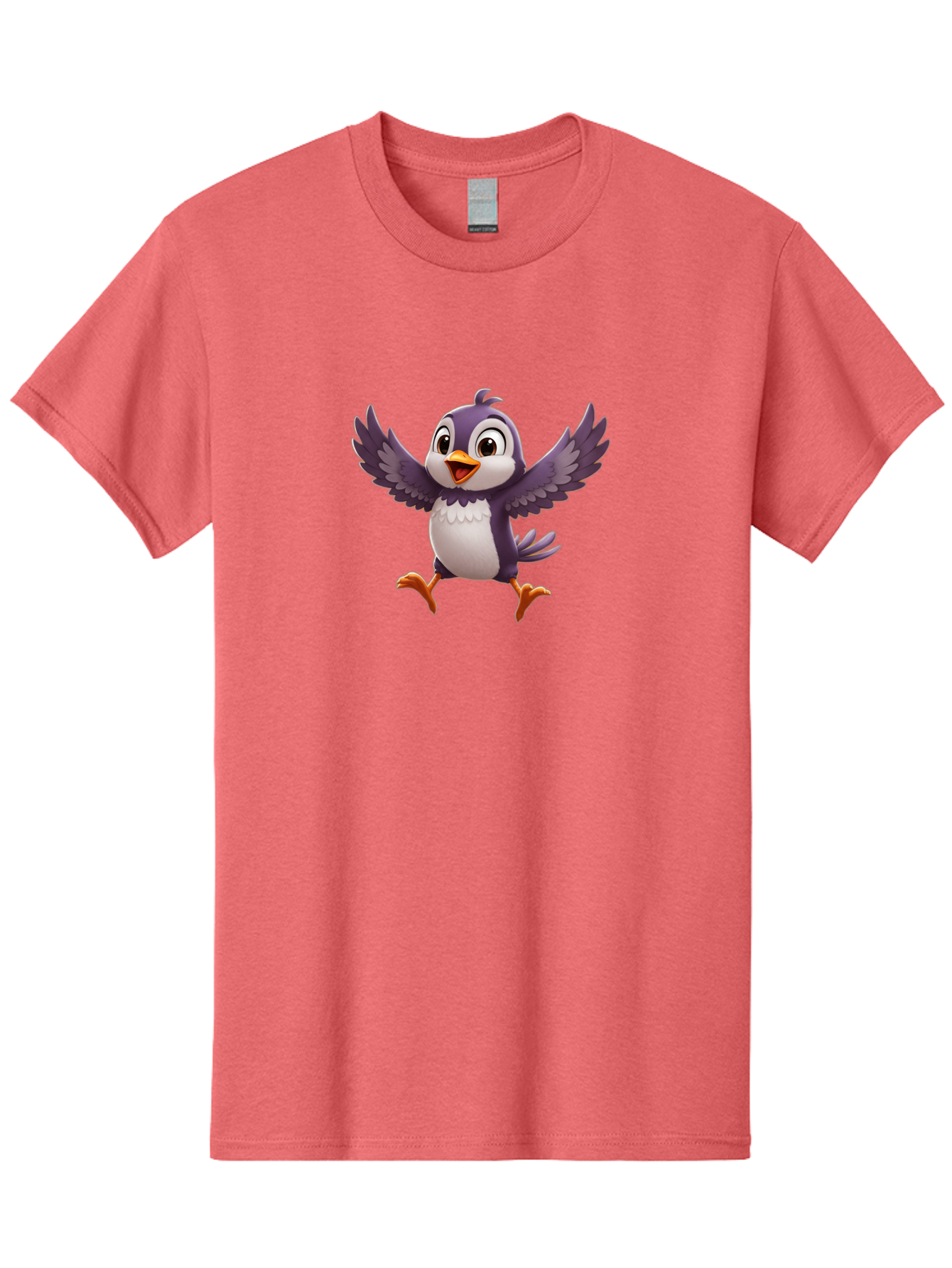 Cartoon-Penguin Men'S Graphic Tee, 100% Cotton, Comfortable Casual Summer Wear, Machine Washable, Cartoon Penguin, Animated Character, Playful Bird, Cute Creature, Purple And White Feathers, Orange Beak And Feet, Flying Penguin, Bae393