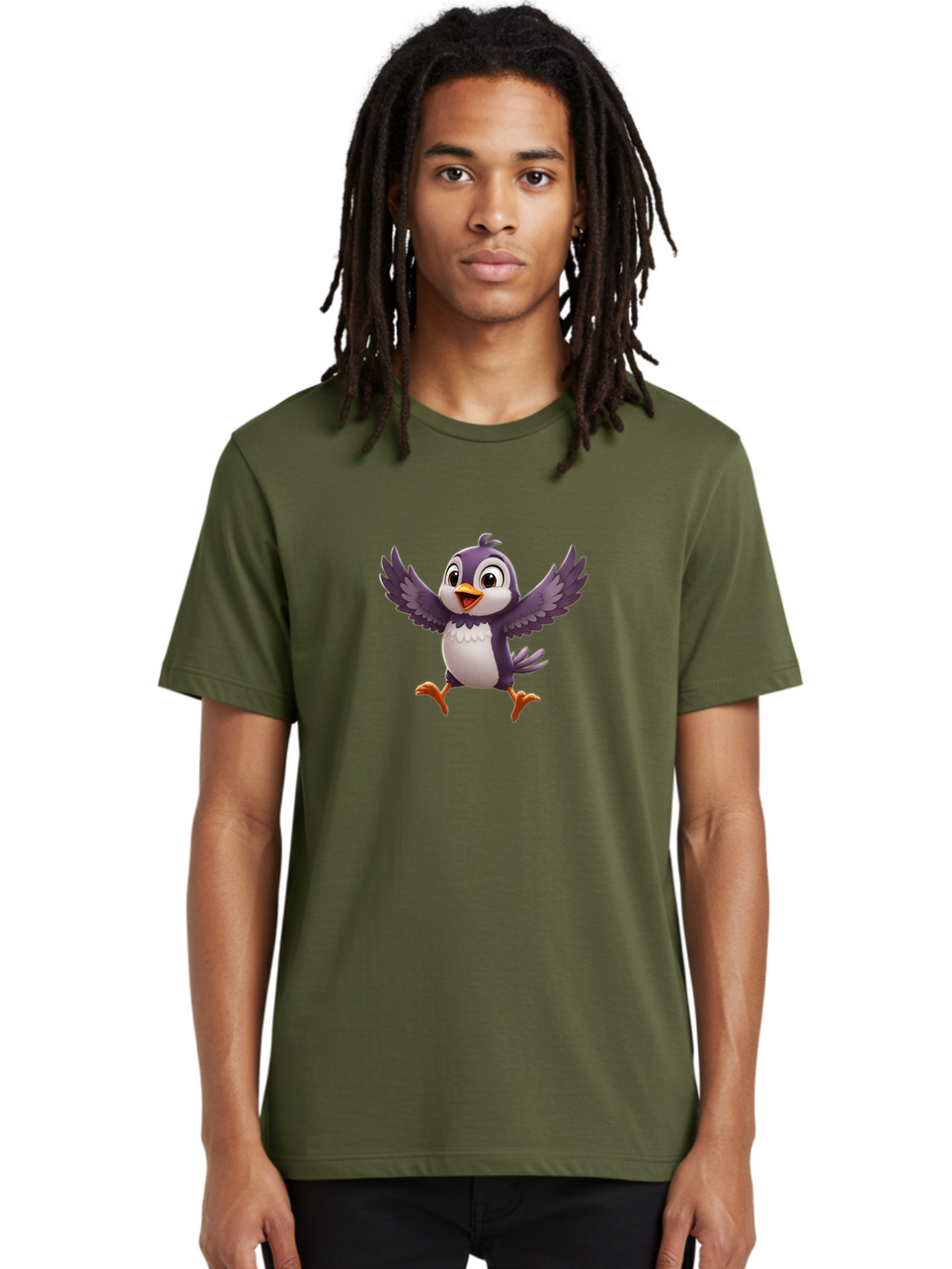 Cartoon-Penguin Men'S Graphic Tee, 100% Cotton, Comfortable Casual Summer Wear, Machine Washable, Cartoon Penguin, Animated Character, Playful Bird, Cute Creature, Purple And White Feathers, Orange Beak And Feet, Flying Penguin, Bae393