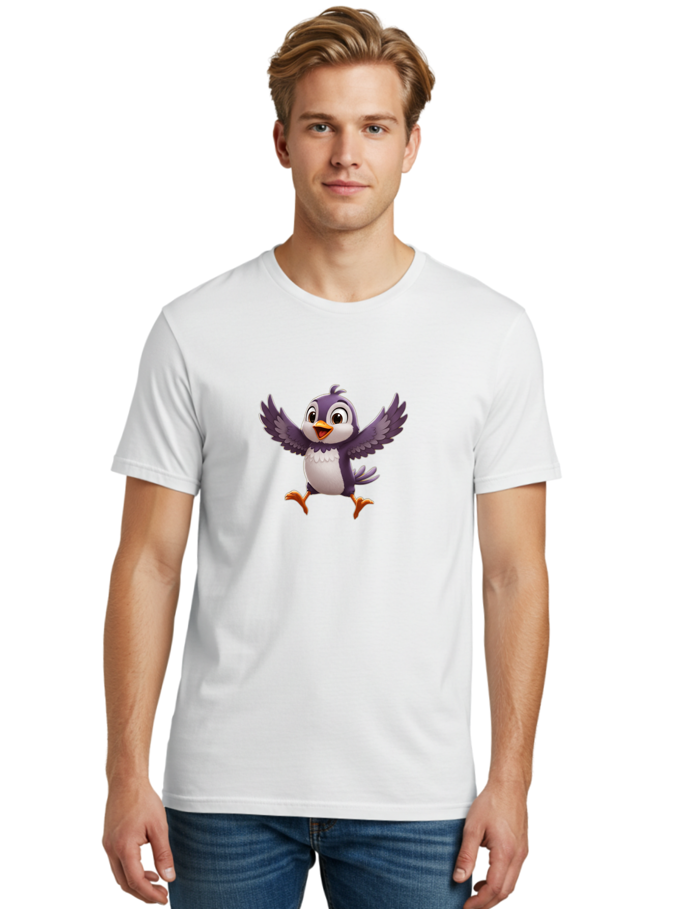 Cartoon-Penguin Men'S Graphic Tee, 100% Cotton, Comfortable Casual Summer Wear, Machine Washable, Cartoon Penguin, Animated Character, Playful Bird, Cute Creature, Purple And White Feathers, Orange Beak And Feet, Flying Penguin, Bae393