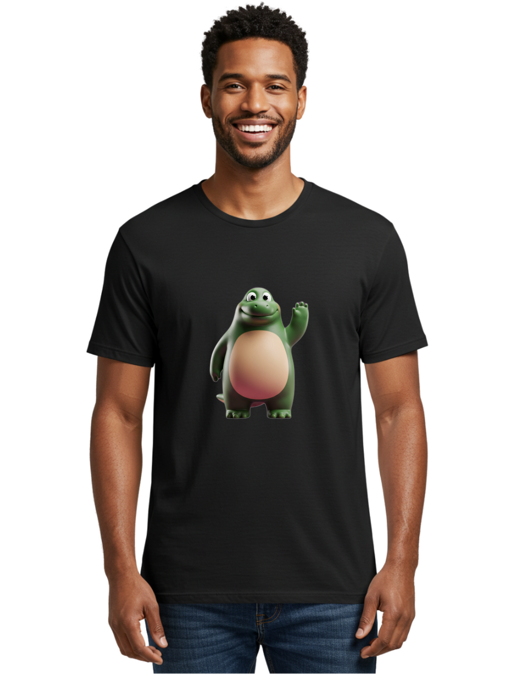 Cartoon-T-Rex-1 Men'S Graphic Tee, 100% Cotton, Comfortable Casual Summer Wear, Machine Washable, Smiling Dinosaur, Cartoon Character, Green Dinosaur, Happy Pose, Friendly Gesture, 3D Illustration, Cute Reptile, Dinosaur Illustration, Bae394