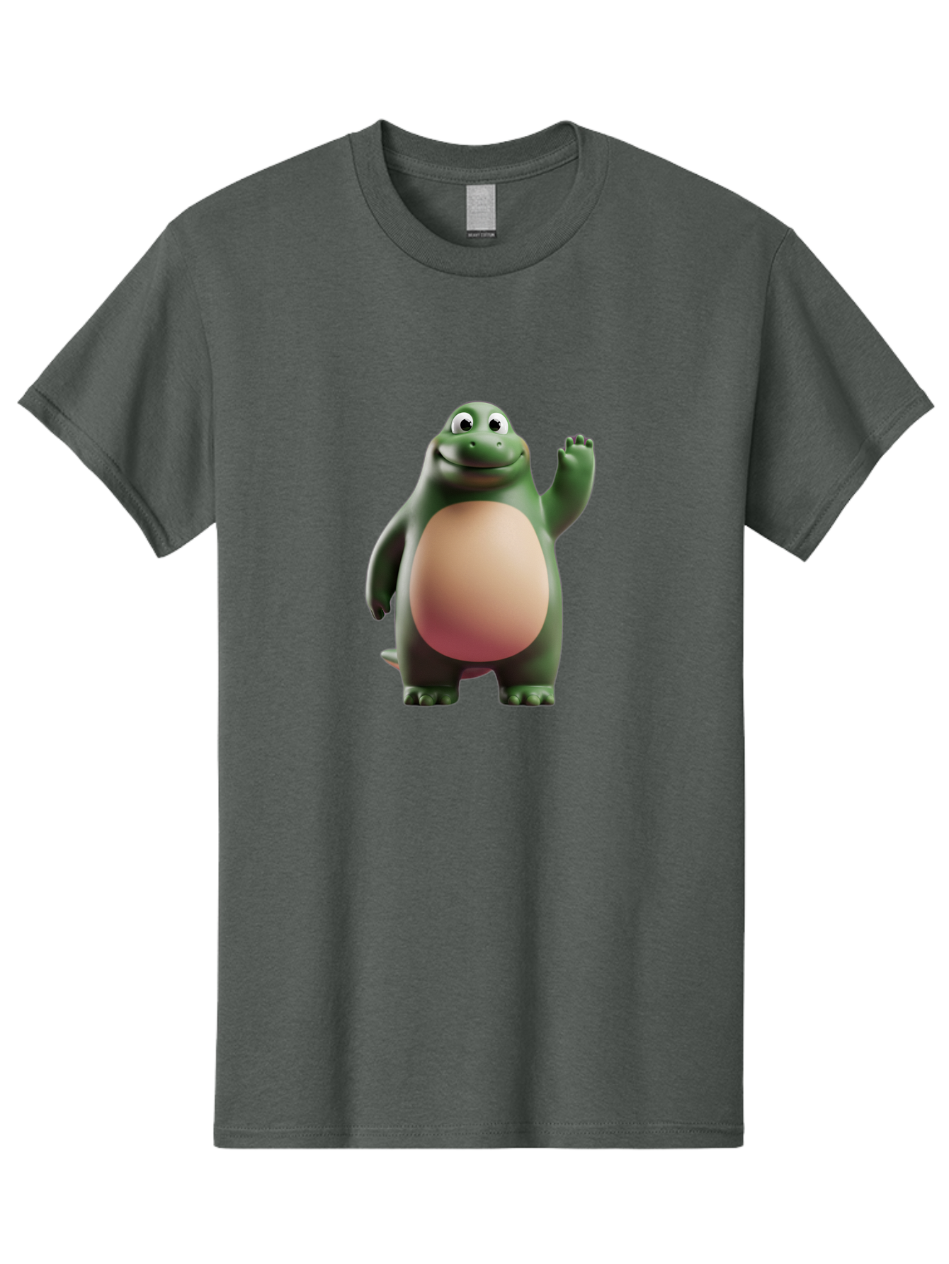 Cartoon-T-Rex-1 Men'S Graphic Tee, 100% Cotton, Comfortable Casual Summer Wear, Machine Washable, Smiling Dinosaur, Cartoon Character, Green Dinosaur, Happy Pose, Friendly Gesture, 3D Illustration, Cute Reptile, Dinosaur Illustration, Bae394