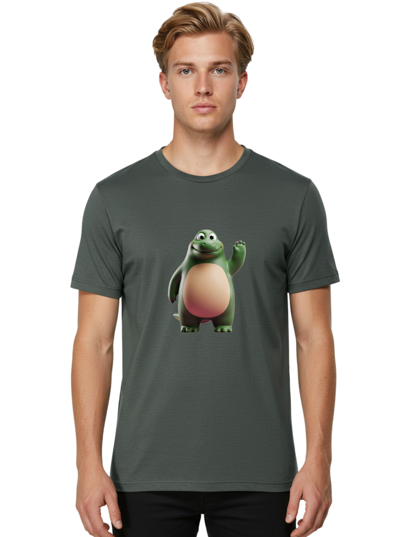 Cartoon-T-Rex-1 Men'S Graphic Tee, 100% Cotton, Comfortable Casual Summer Wear, Machine Washable, Smiling Dinosaur, Cartoon Character, Green Dinosaur, Happy Pose, Friendly Gesture, 3D Illustration, Cute Reptile, Dinosaur Illustration, Bae394