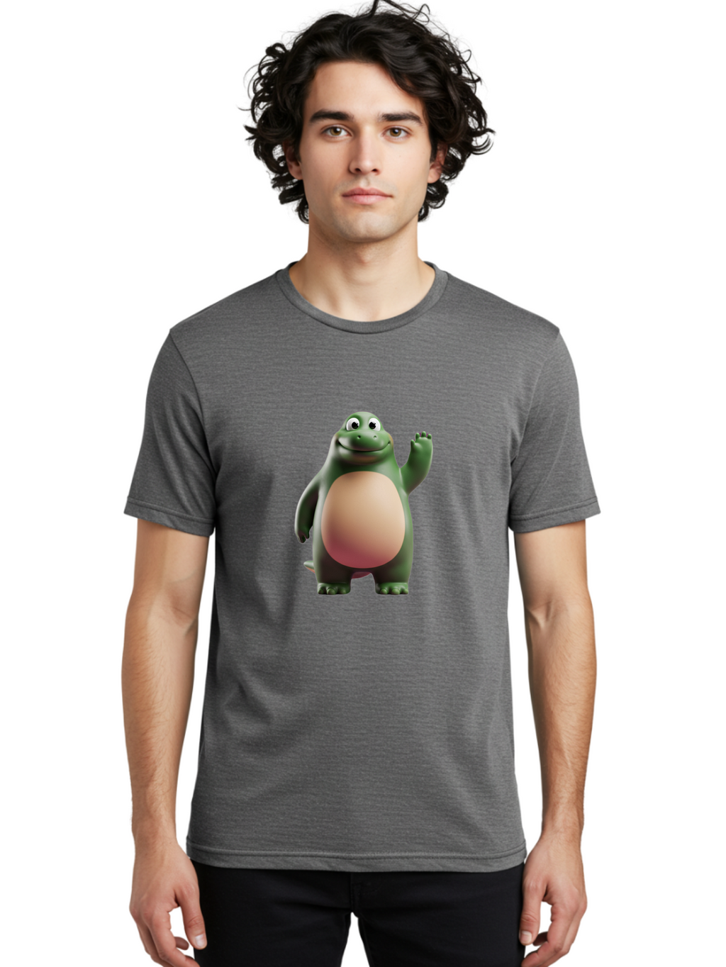 Cartoon-T-Rex-1 Men'S Graphic Tee, 100% Cotton, Comfortable Casual Summer Wear, Machine Washable, Smiling Dinosaur, Cartoon Character, Green Dinosaur, Happy Pose, Friendly Gesture, 3D Illustration, Cute Reptile, Dinosaur Illustration, Bae394