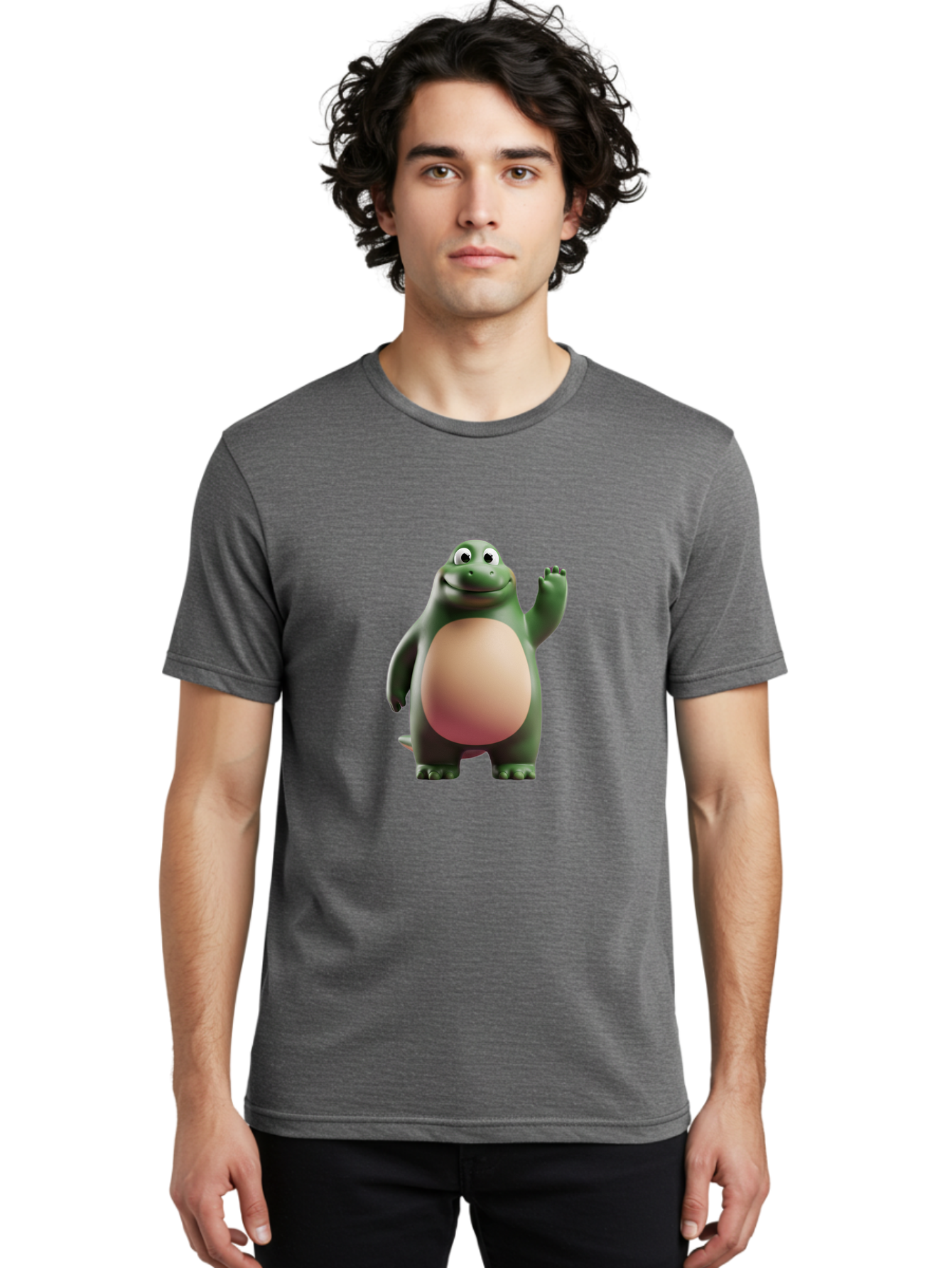 Cartoon-T-Rex-1 Men'S Graphic Tee, 100% Cotton, Comfortable Casual Summer Wear, Machine Washable, Smiling Dinosaur, Cartoon Character, Green Dinosaur, Happy Pose, Friendly Gesture, 3D Illustration, Cute Reptile, Dinosaur Illustration, Bae394