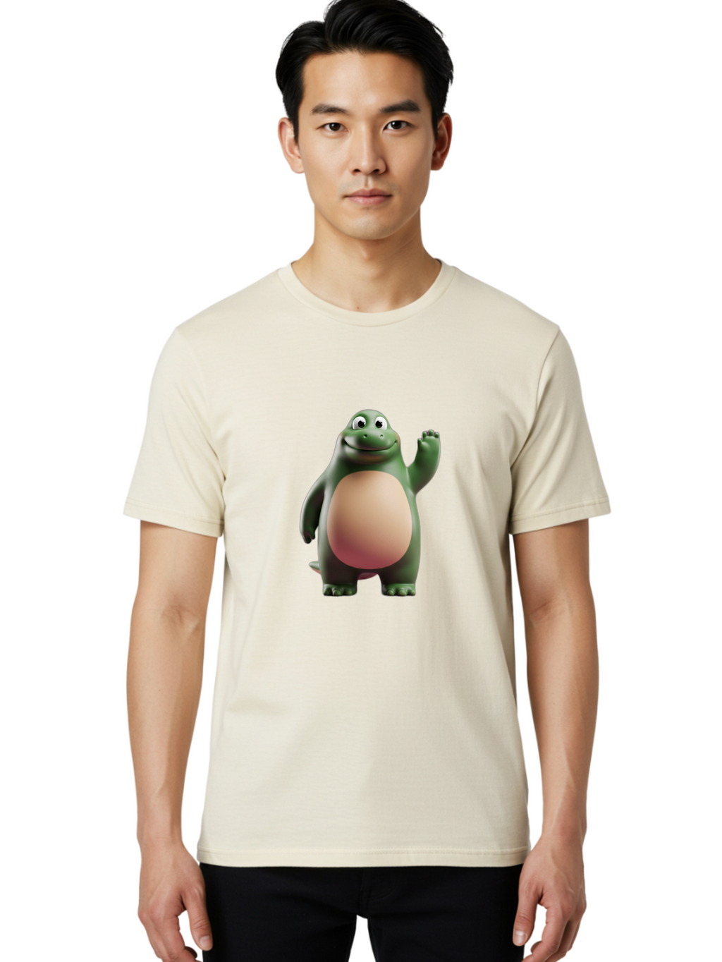 Cartoon-T-Rex-1 Men'S Graphic Tee, 100% Cotton, Comfortable Casual Summer Wear, Machine Washable, Smiling Dinosaur, Cartoon Character, Green Dinosaur, Happy Pose, Friendly Gesture, 3D Illustration, Cute Reptile, Dinosaur Illustration, Bae394