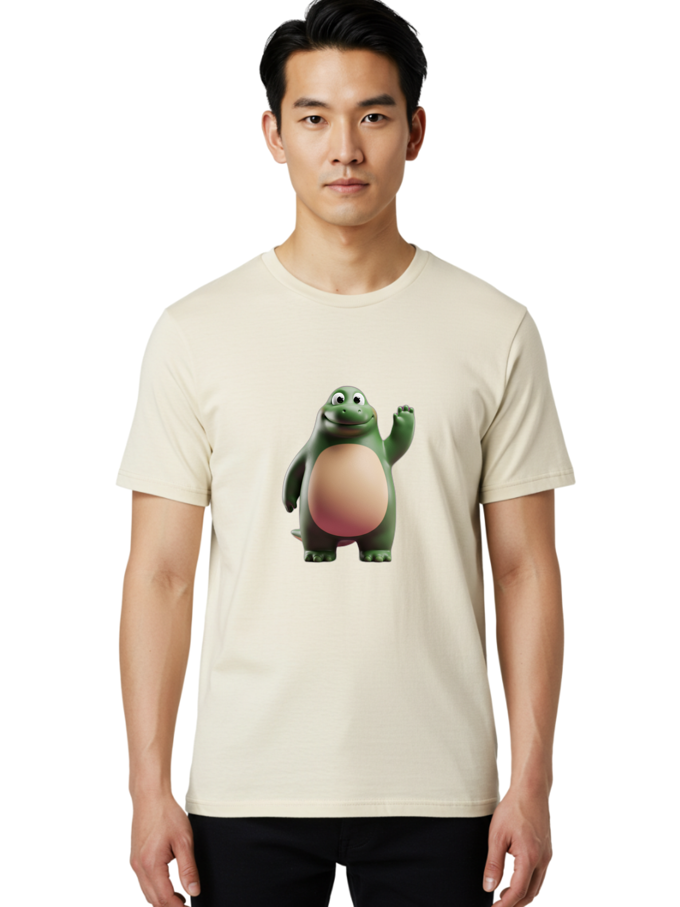 Cartoon-T-Rex-1 Men'S Graphic Tee, 100% Cotton, Comfortable Casual Summer Wear, Machine Washable, Smiling Dinosaur, Cartoon Character, Green Dinosaur, Happy Pose, Friendly Gesture, 3D Illustration, Cute Reptile, Dinosaur Illustration, Bae394