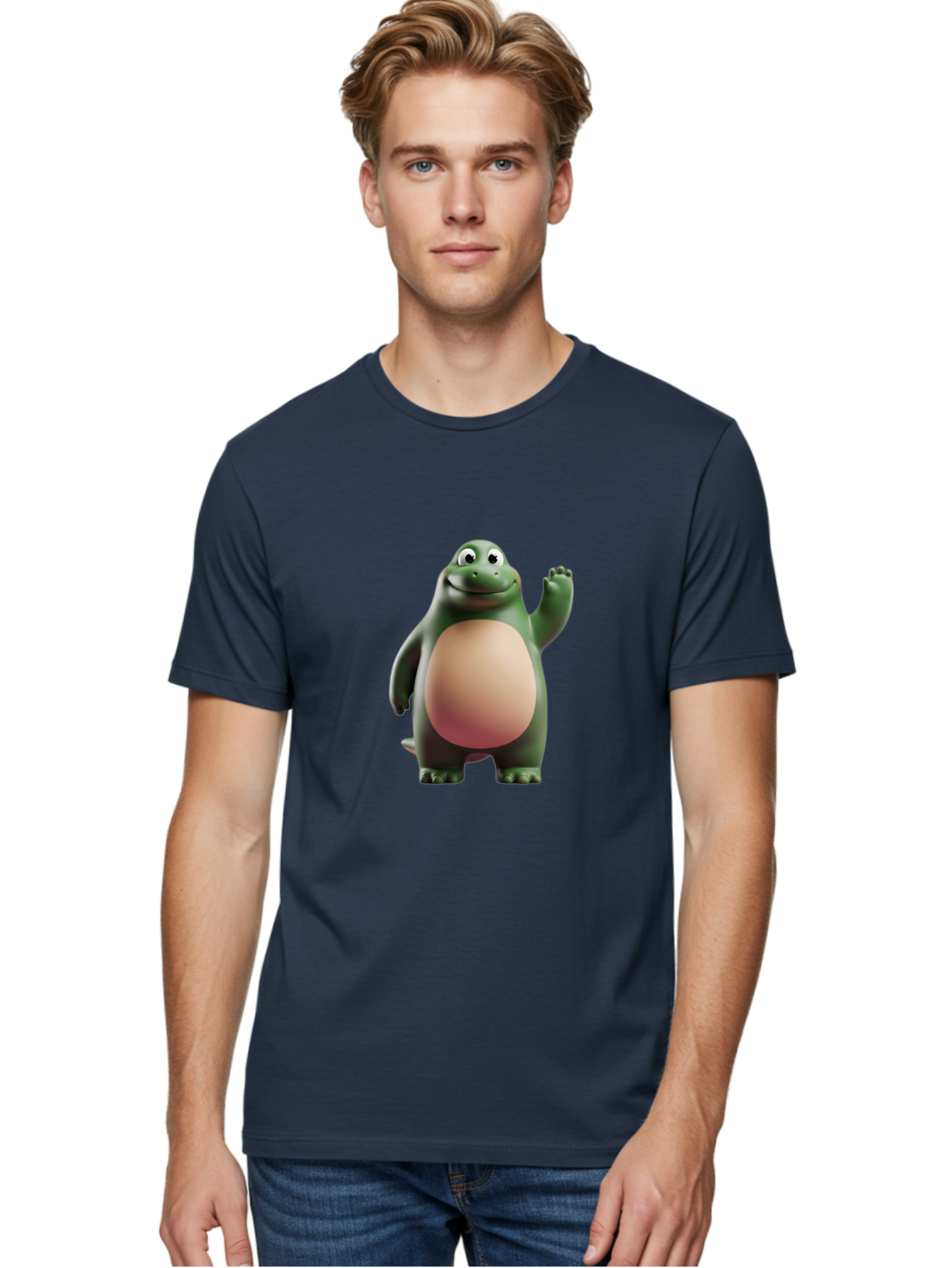 Cartoon-T-Rex-1 Men'S Graphic Tee, 100% Cotton, Comfortable Casual Summer Wear, Machine Washable, Smiling Dinosaur, Cartoon Character, Green Dinosaur, Happy Pose, Friendly Gesture, 3D Illustration, Cute Reptile, Dinosaur Illustration, Bae394