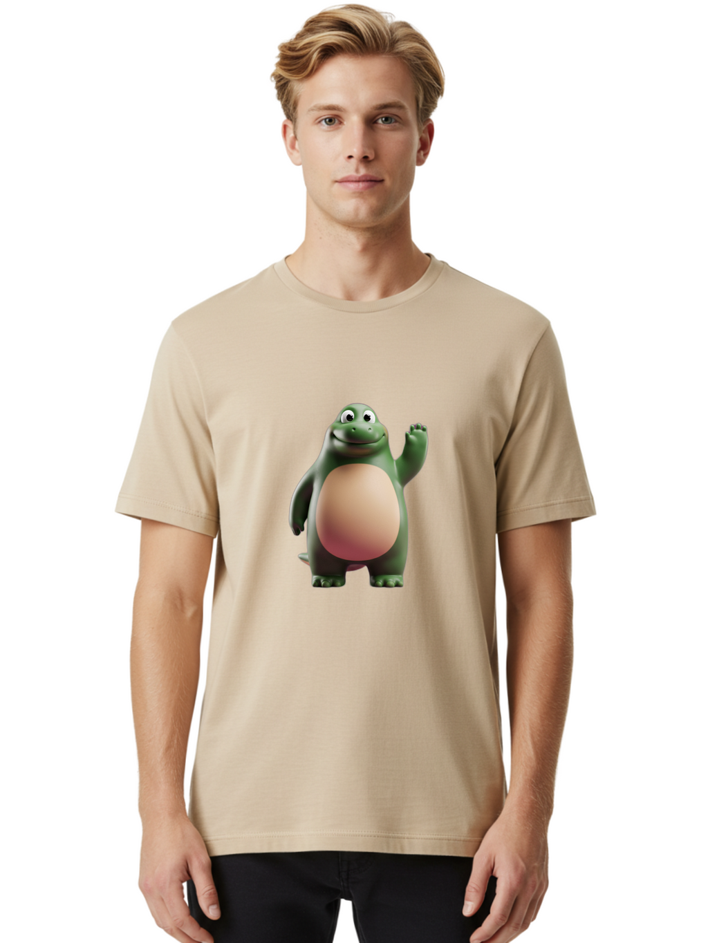 Cartoon-T-Rex-1 Men'S Graphic Tee, 100% Cotton, Comfortable Casual Summer Wear, Machine Washable, Smiling Dinosaur, Cartoon Character, Green Dinosaur, Happy Pose, Friendly Gesture, 3D Illustration, Cute Reptile, Dinosaur Illustration, Bae394