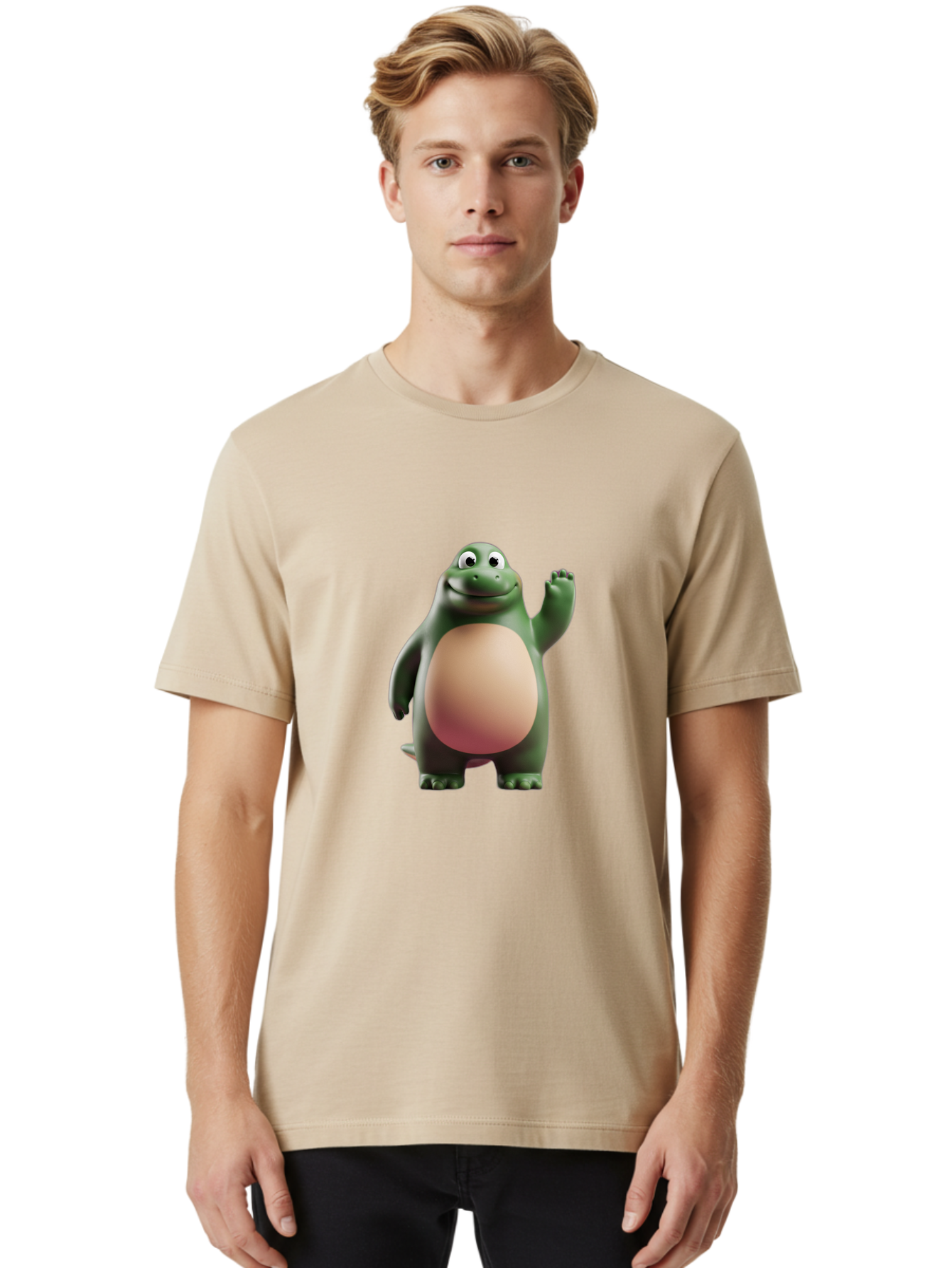 Cartoon-T-Rex-1 Men'S Graphic Tee, 100% Cotton, Comfortable Casual Summer Wear, Machine Washable, Smiling Dinosaur, Cartoon Character, Green Dinosaur, Happy Pose, Friendly Gesture, 3D Illustration, Cute Reptile, Dinosaur Illustration, Bae394
