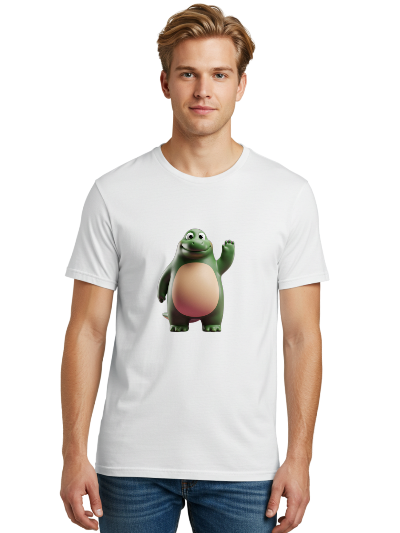 Cartoon-T-Rex-1 Men'S Graphic Tee, 100% Cotton, Comfortable Casual Summer Wear, Machine Washable, Smiling Dinosaur, Cartoon Character, Green Dinosaur, Happy Pose, Friendly Gesture, 3D Illustration, Cute Reptile, Dinosaur Illustration, Bae394