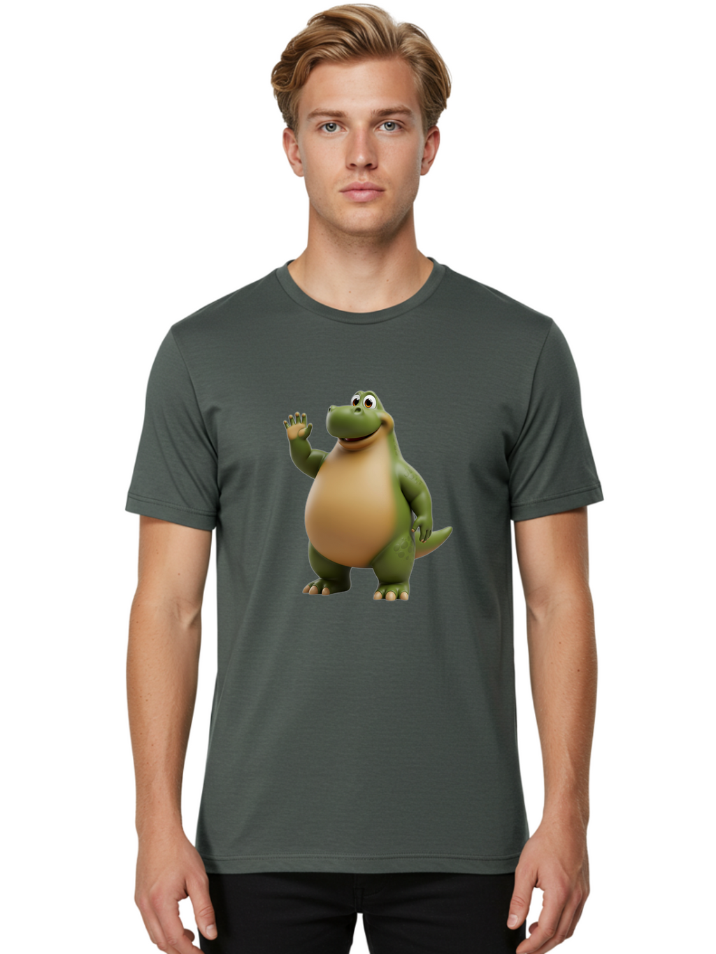 Cartoon-T-Rex Men'S Graphic Tee, 100% Cotton, Comfortable Casual Summer Wear, Machine Washable, Cartoon Alligator, 3D Character, Green Alligator, Friendly Creature, Cartoon Animal, Animated Character, Children'S Entertainment, Nursery Decor, Bae395